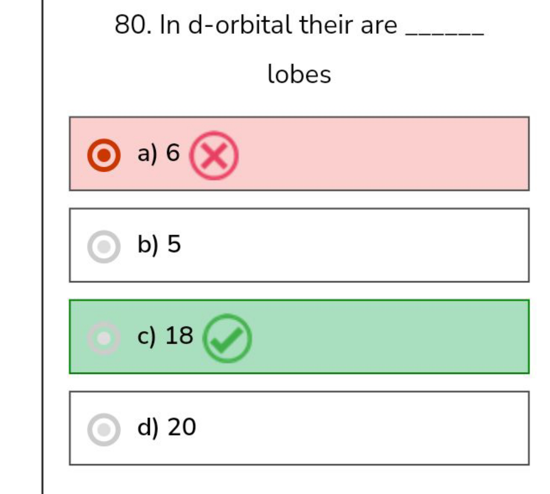 80. In d-orbital their are 
lobes
a) 6
b) 5
c) 18
d) 20