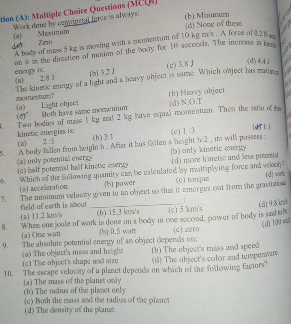 tion (A): Multiple Choice Questions (MCQS)
Work done by centripetal fo