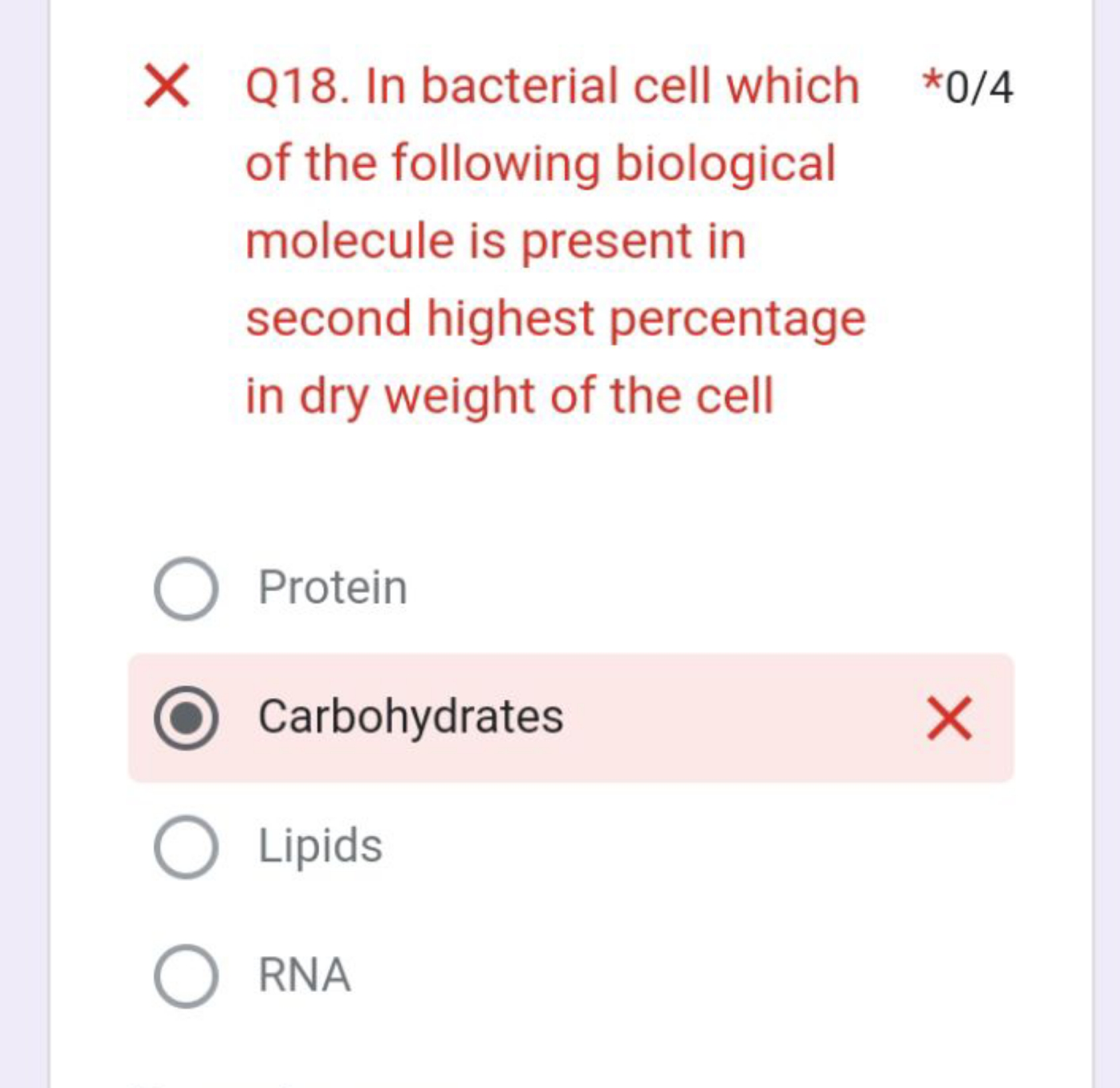 Q18. In bacterial cell which
*0/4
of the following biological molecule