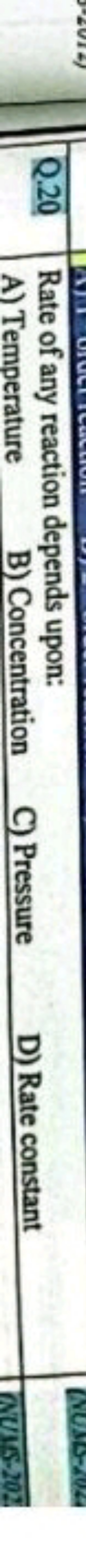 Q.20 Rate of any reaction depends upon:
NUMS-204
A) Temperature
B) Con