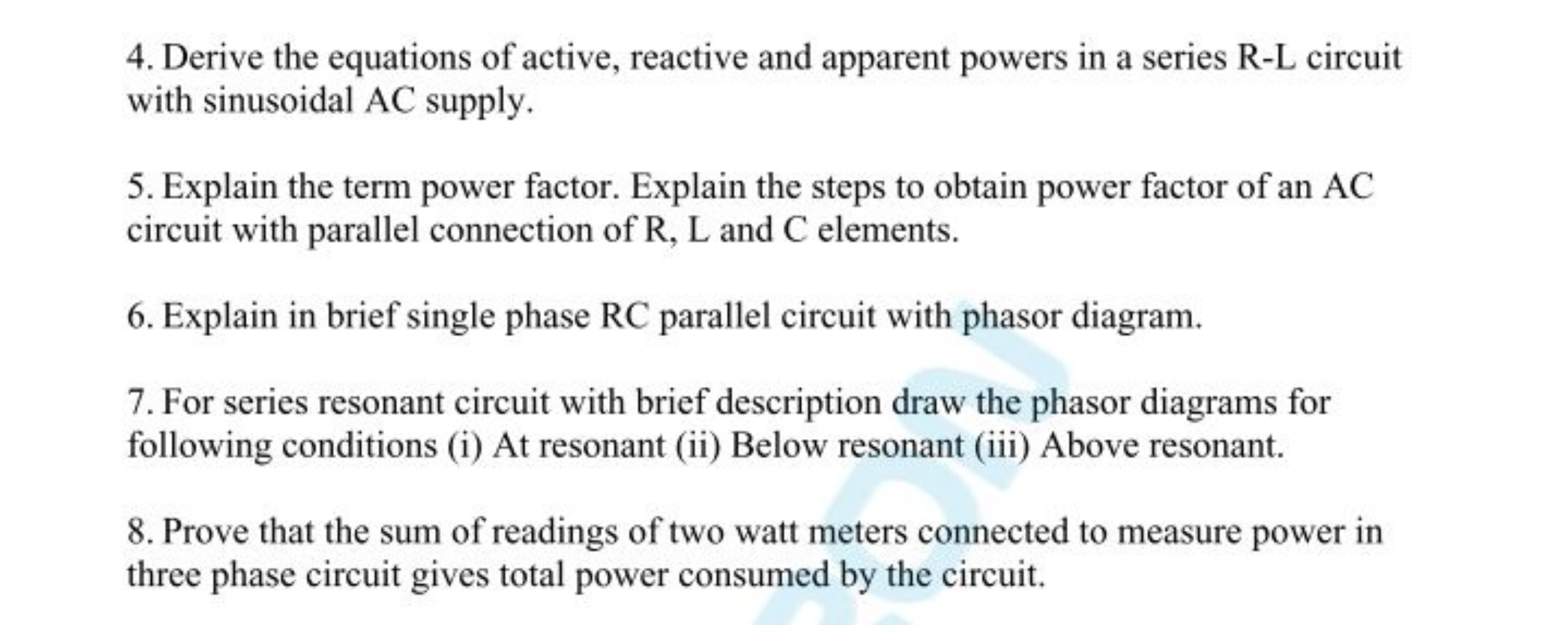 4. Derive the equations of active, reactive and apparent powers in a s