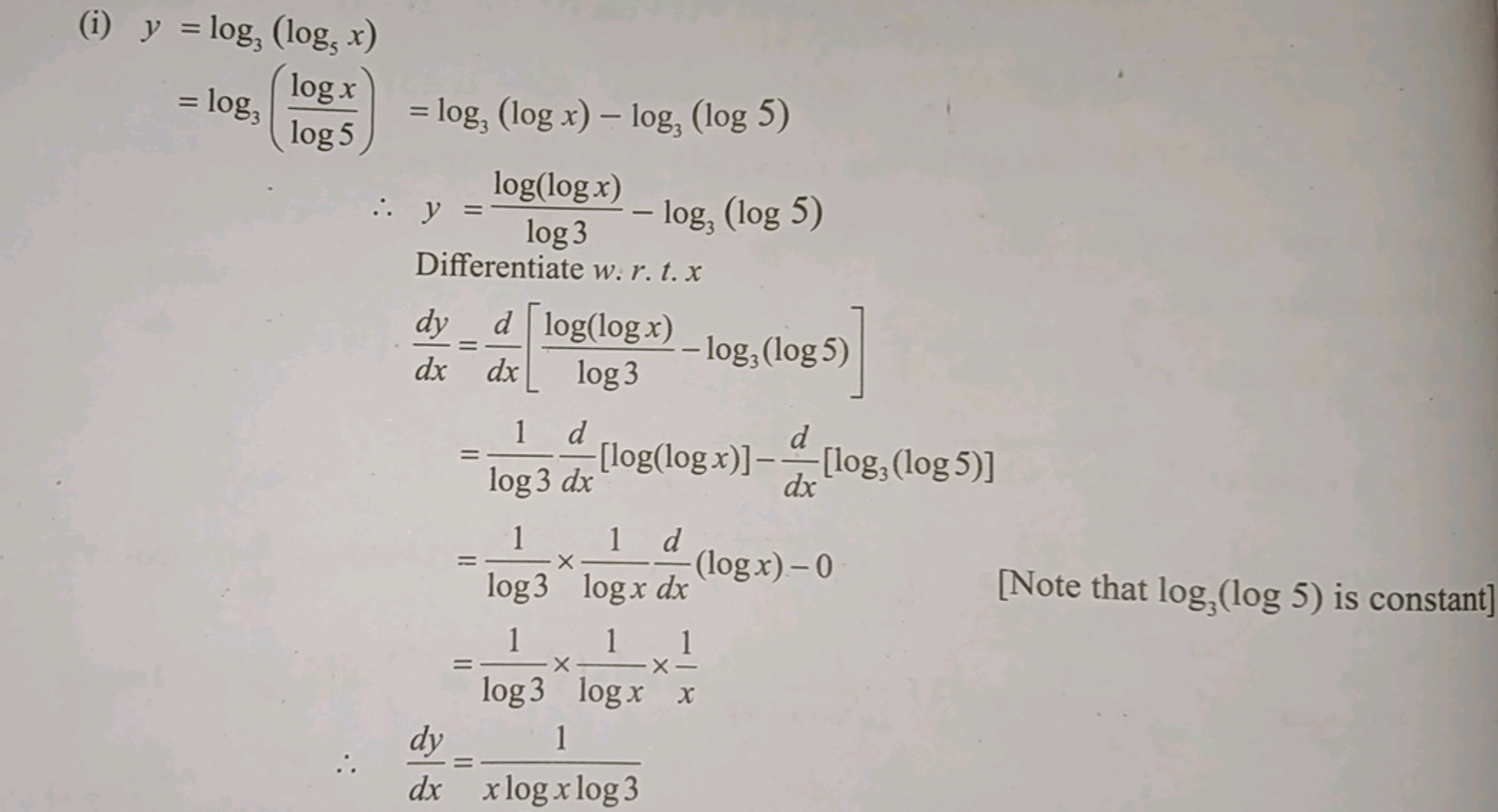 (i)
\[
\begin{array} { l } 
y = \log _ { 3 } \left( \log _ { 5 } x \ri