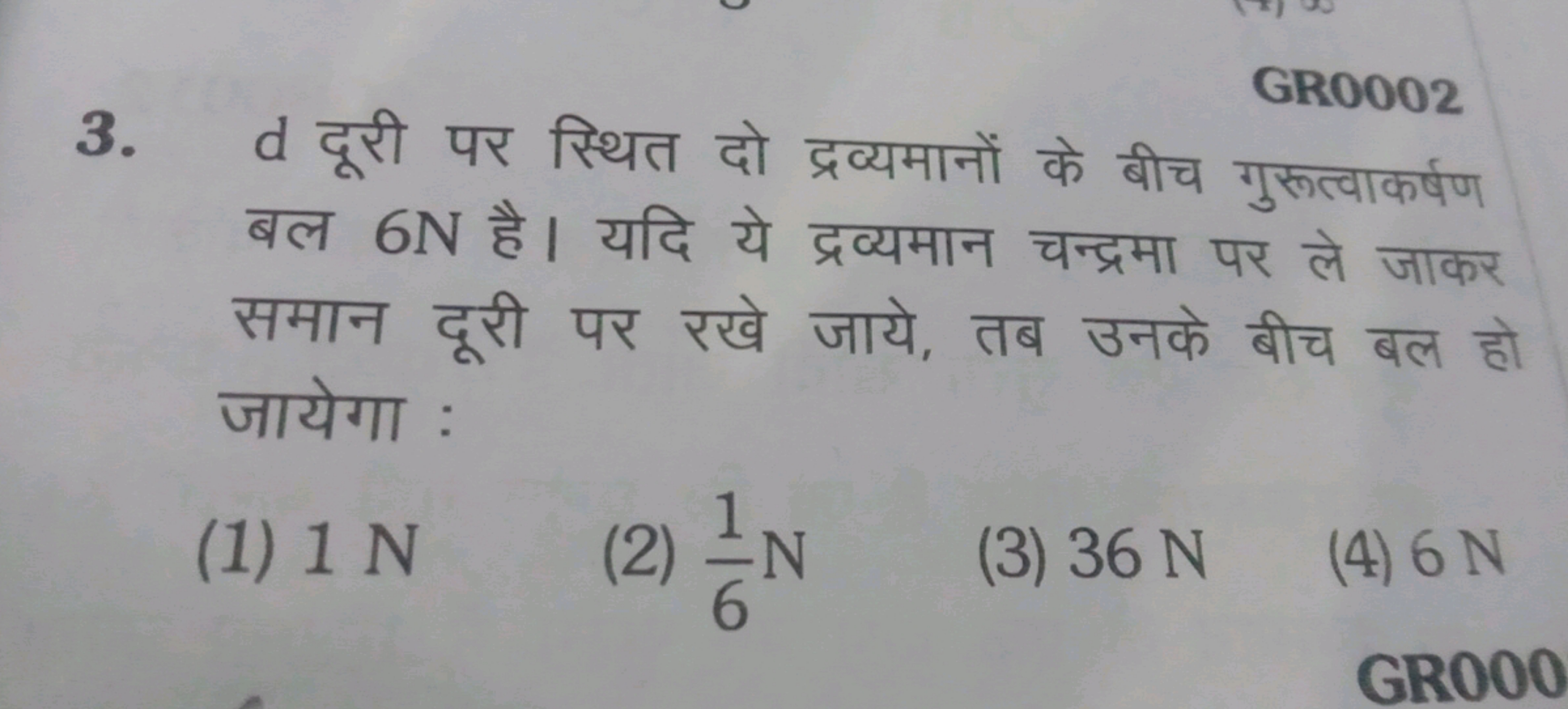 GR0002
3. d दूरी पर स्थित दो द्रव्यमानों के बीच गुरूत्वाकर्षण बल 6 N ह