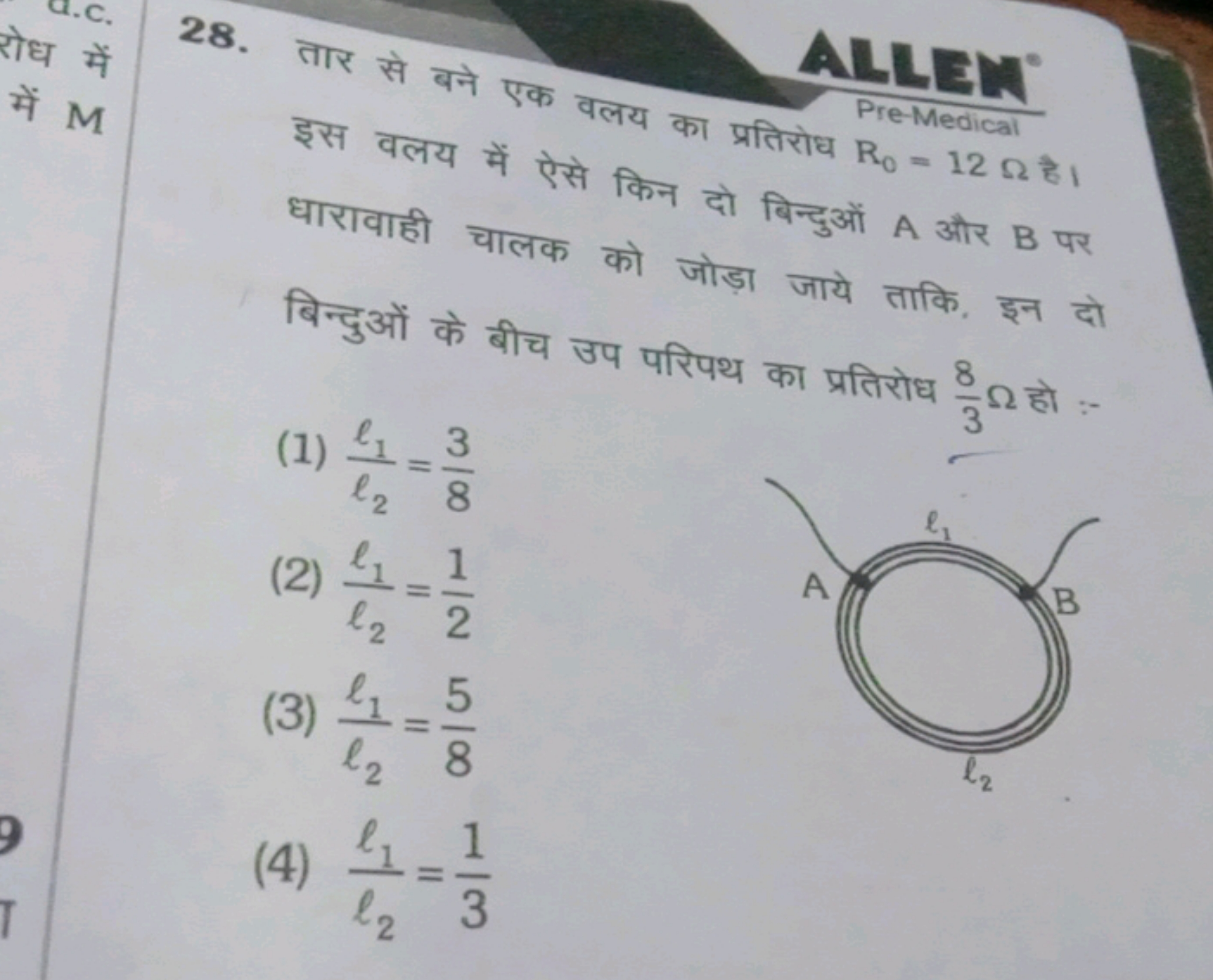 28. तार से बने एक वलय Premedical का प्रतिरोध R0​=12Ω है। किन दो बिन्दु