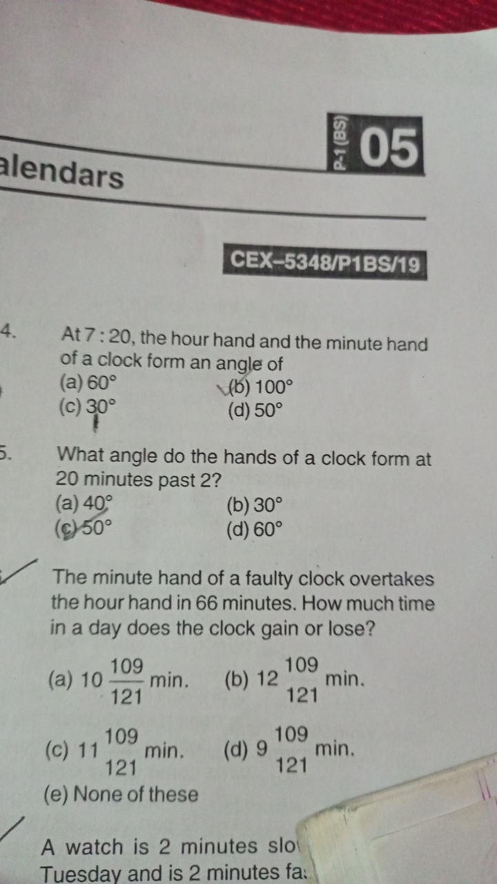 lendars
05

CEX-5348/P1BS/19
4. At 7:20, the hour hand and the minute 