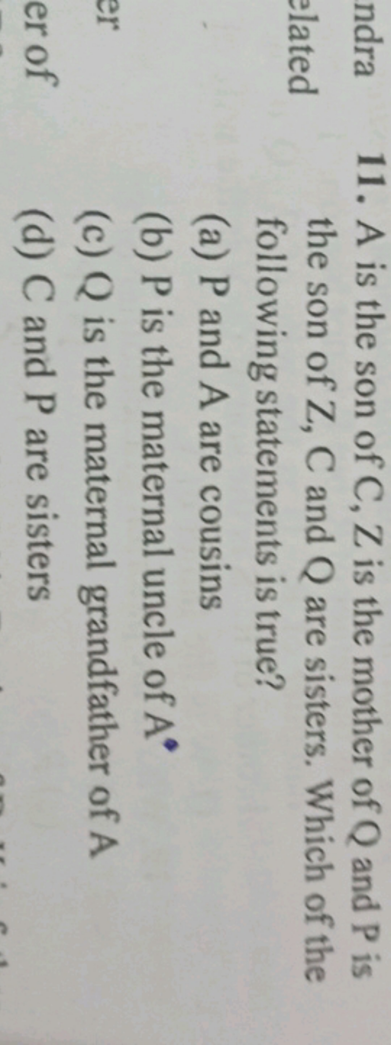 11. A is the son of C,Z is the mother of Q and P is the son of Z,C and