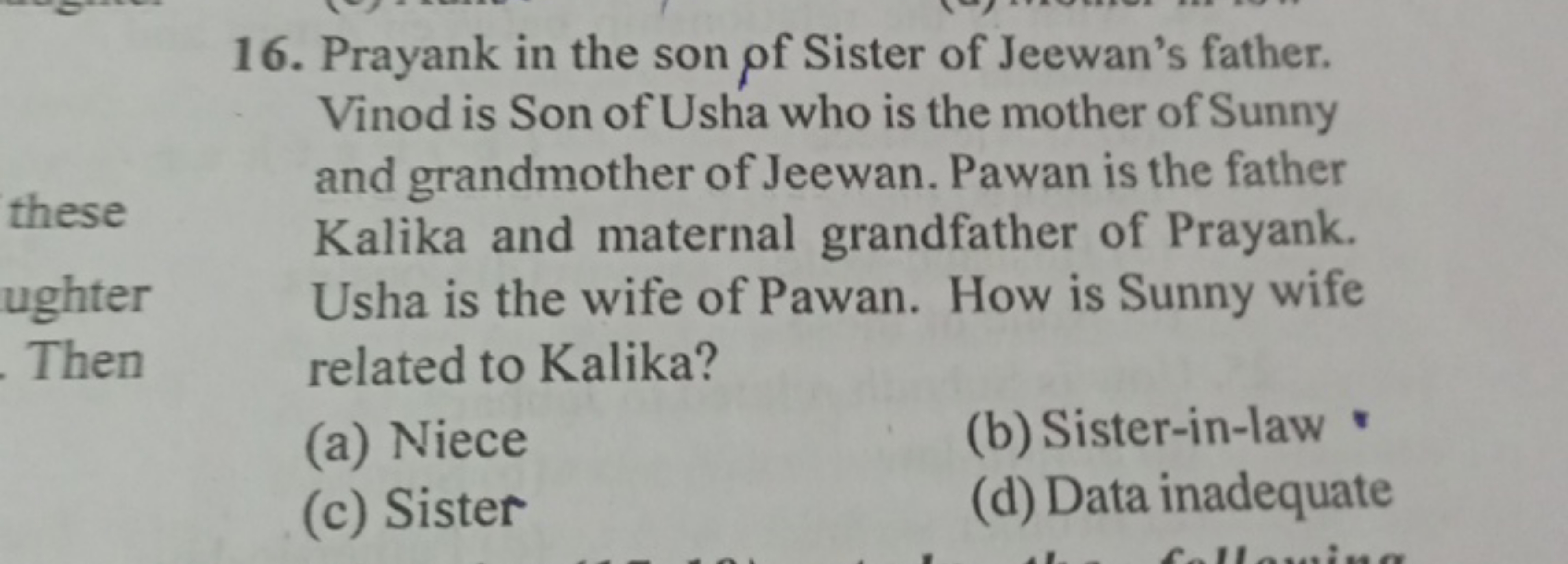 16. Prayank in the son of Sister of Jeewan's father. Vinod is Son of U