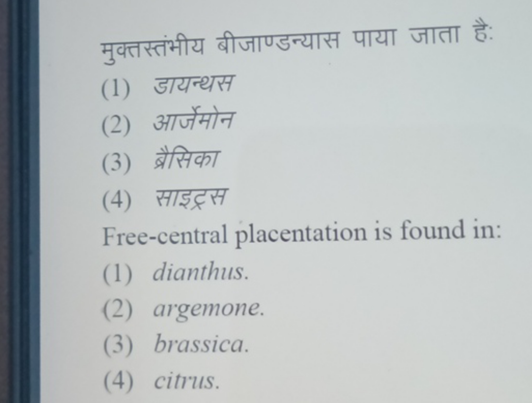 मुक्तस्तंभीय बीजाण्डन्यास पाया जाता है:
(1) डायन्थस
(2) आर्जेमोन
(3) ब