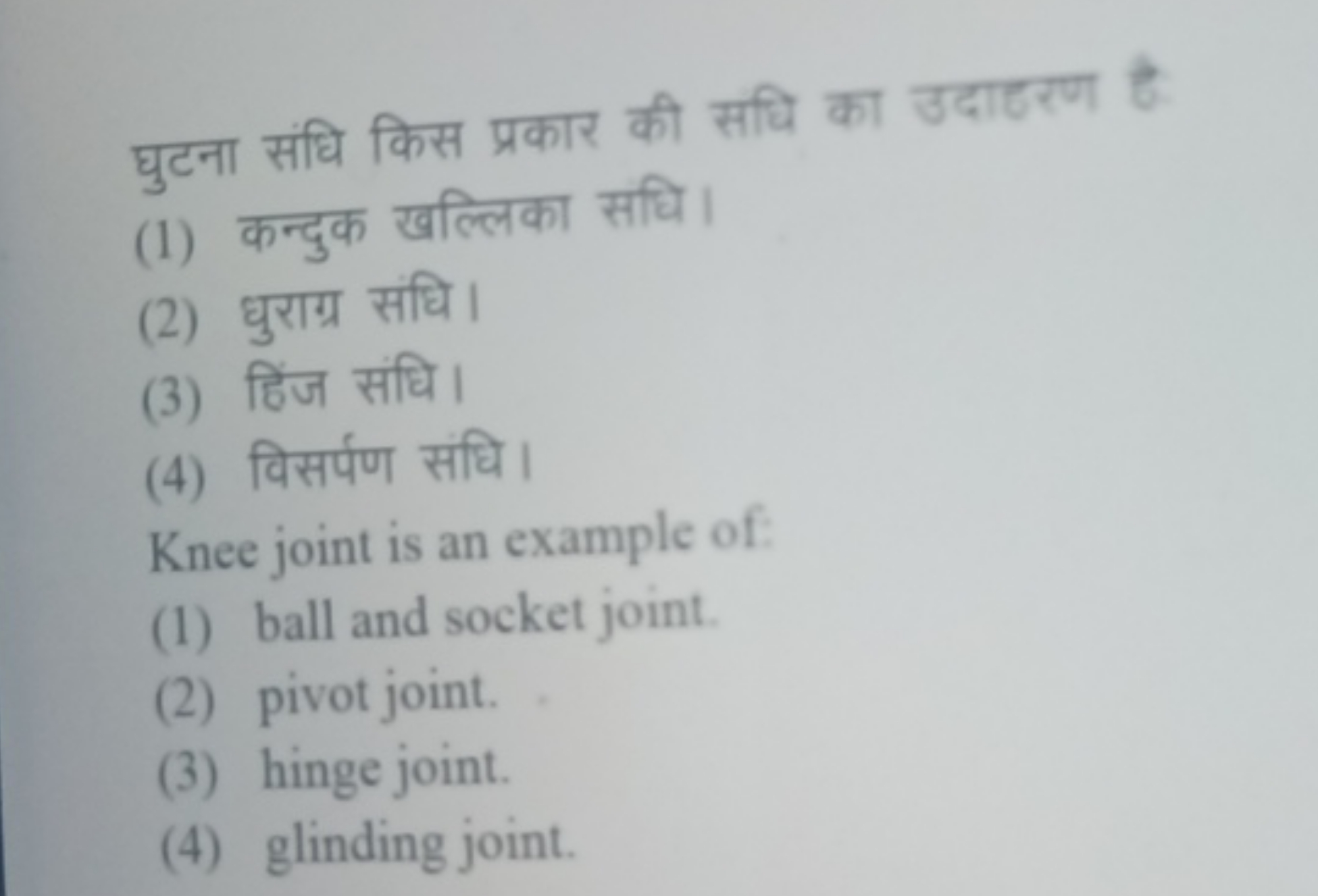 घुटना संधि किस प्रकार की सधि का उदाहरण है
(1) कन्दुक खल्लिका संधि।
(2)