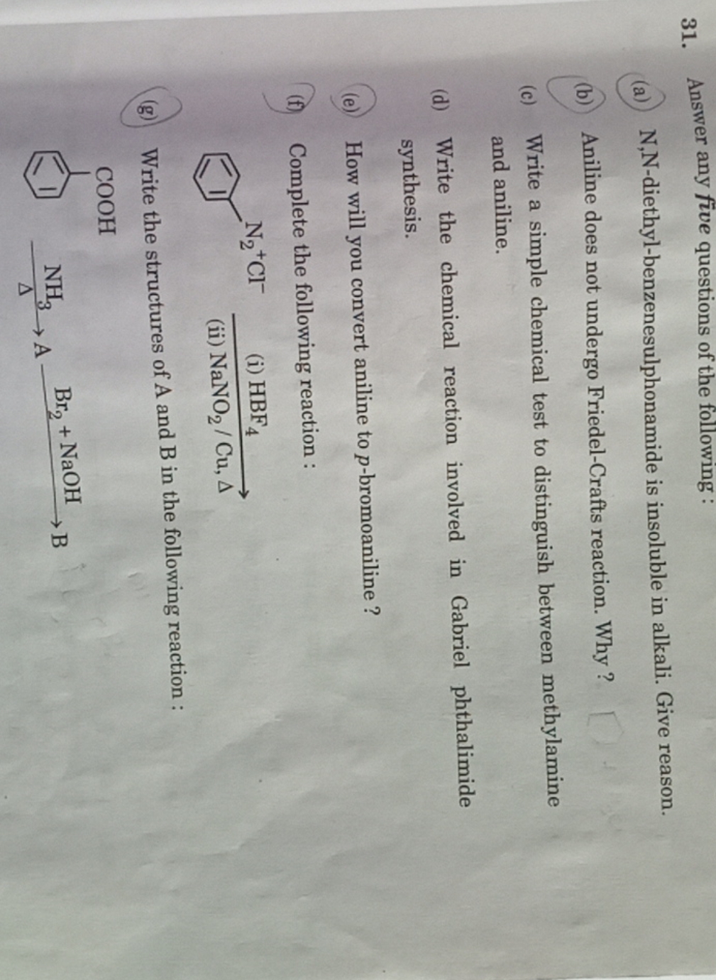 31. Answer any five questions of the following:
(a) N,N-diethyl-benzen