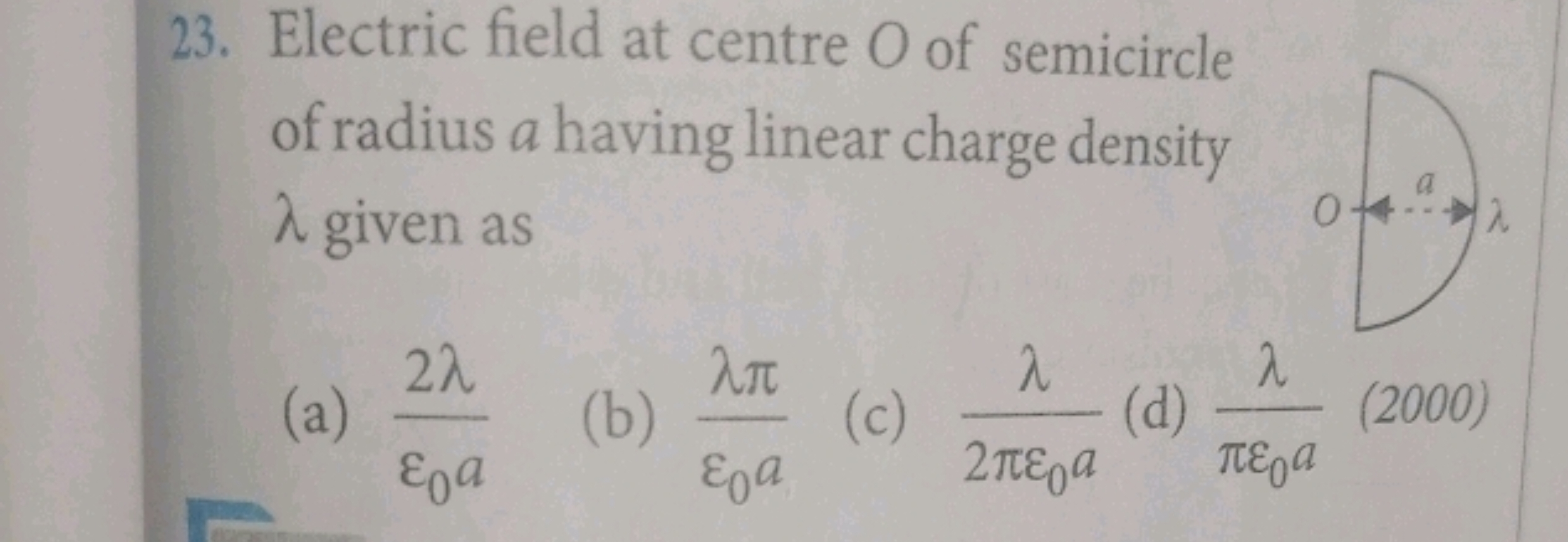 23. Electric field at centre O of semicircle of radius a having linear