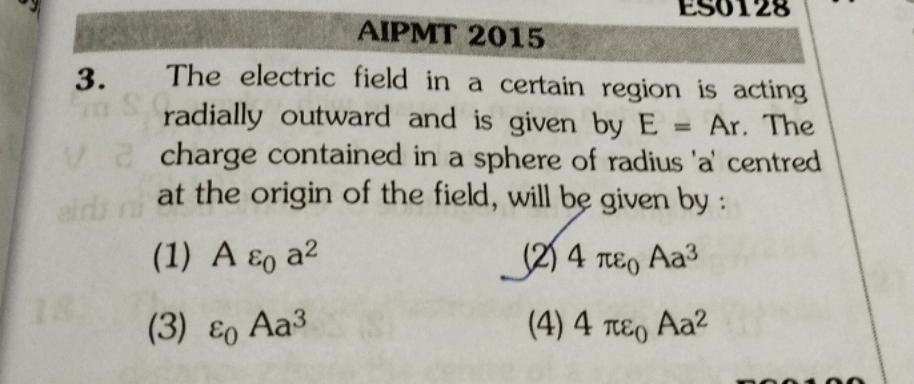 AIPMT 2015
3. The electric field in a certain region is acting radiall