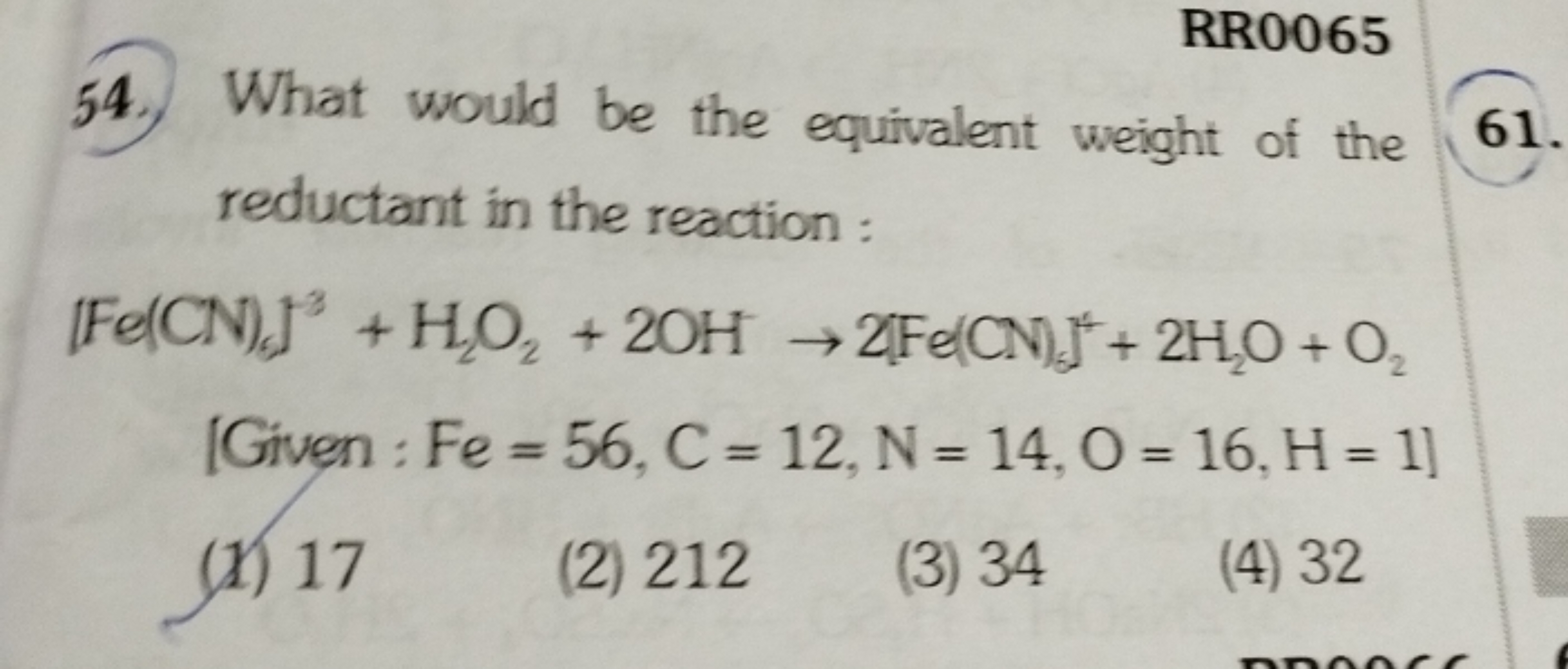 RR0065
54. What would be the equivalent weight of the reductant in the