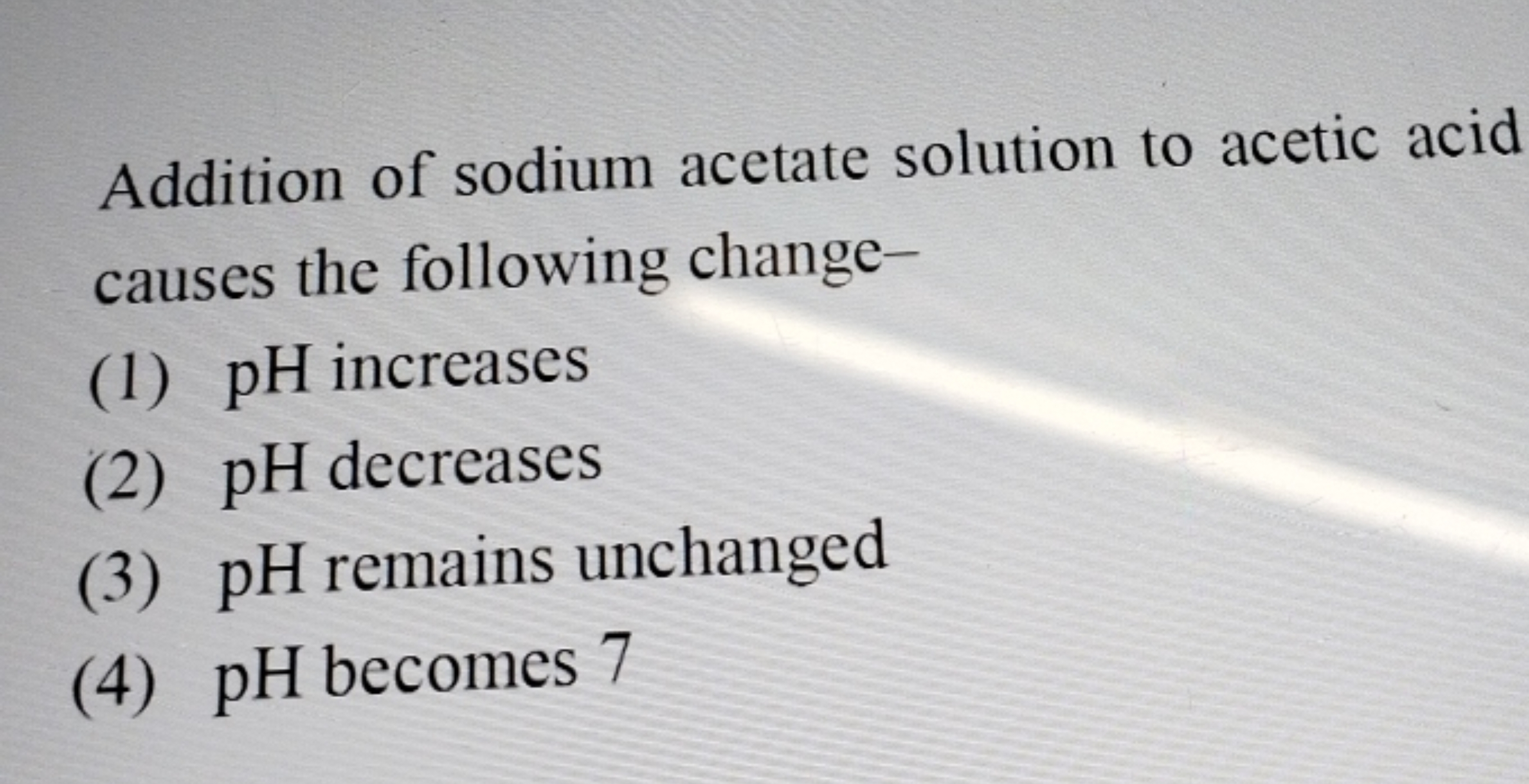 Addition of sodium acetate solution to acetic acid causes the followin