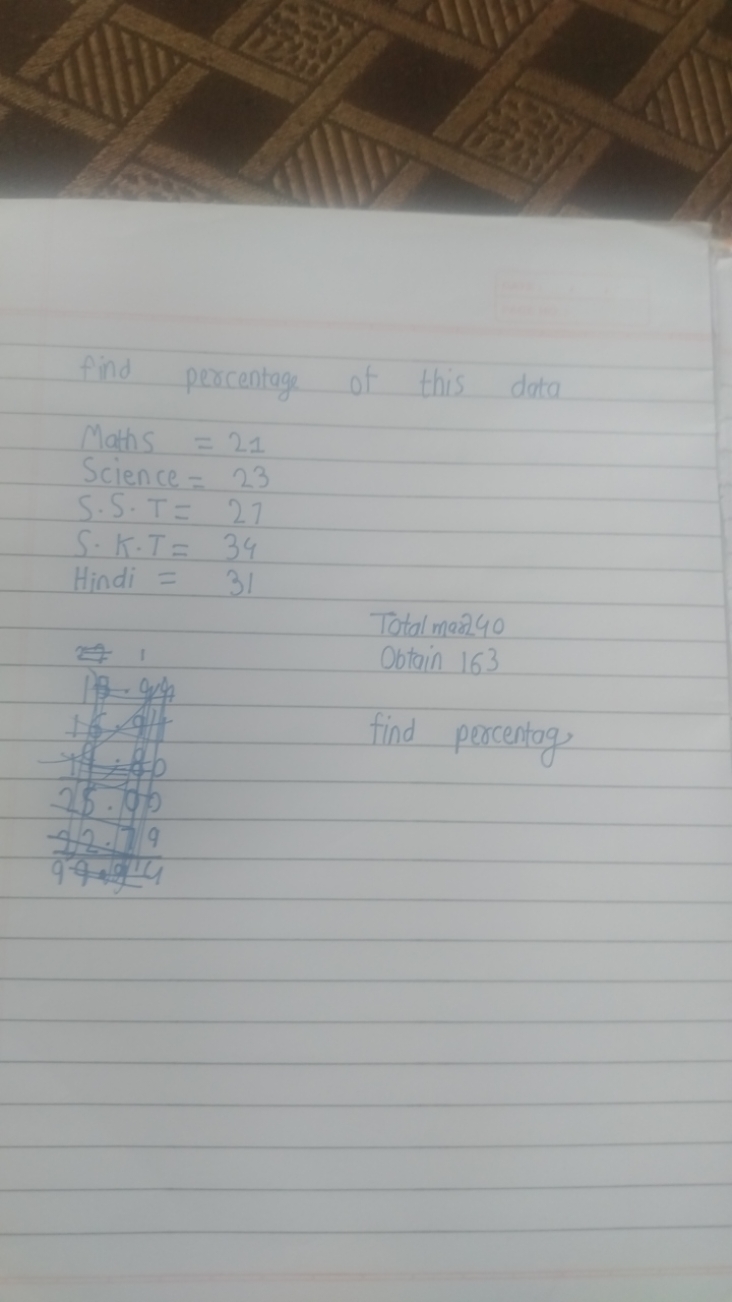 find percentage of this data
 Maths =21 Science =23S⋅S⋅T=27 S. KT =34 