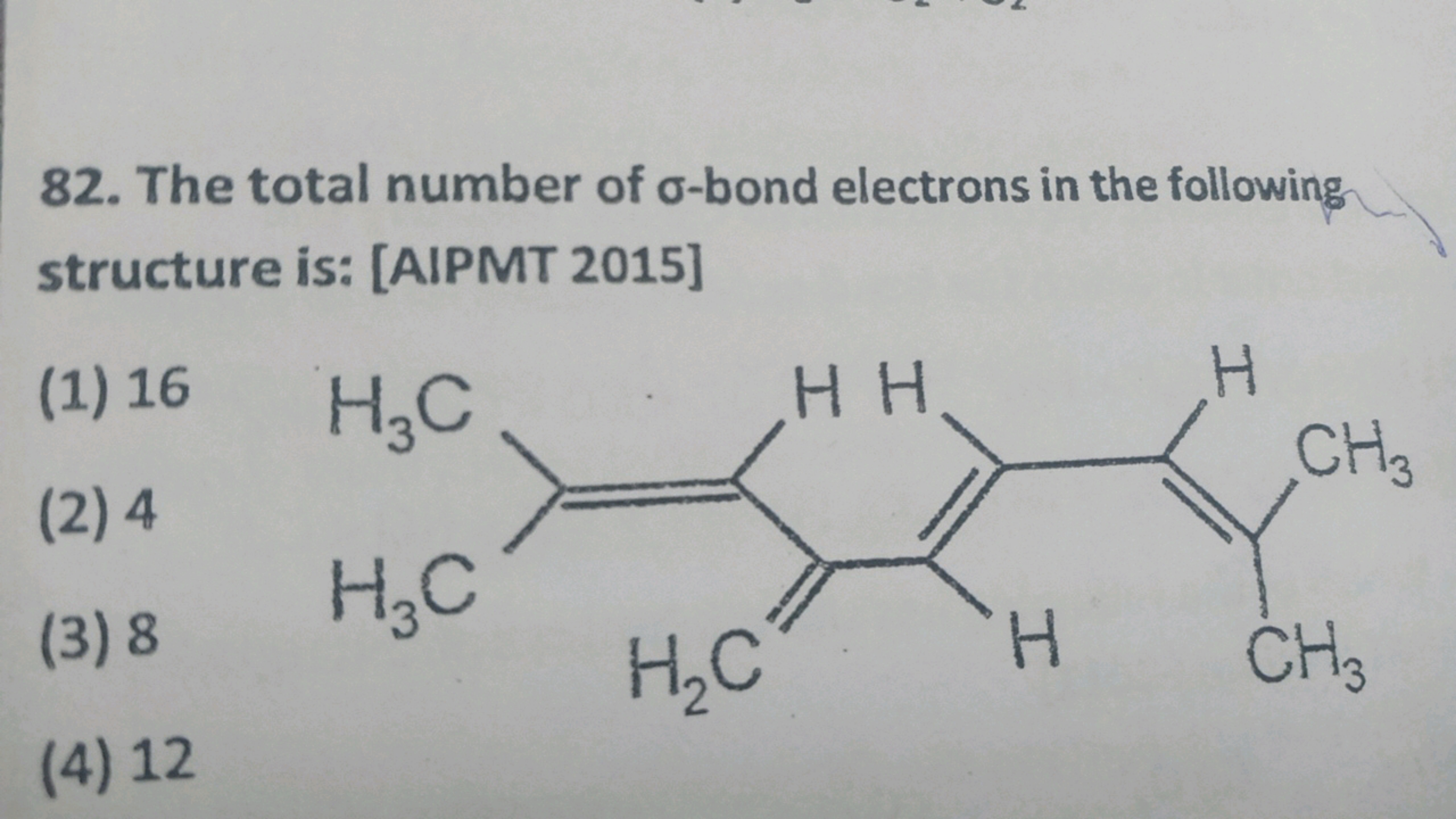 82. The total number of σ-bond electrons in the following structure is