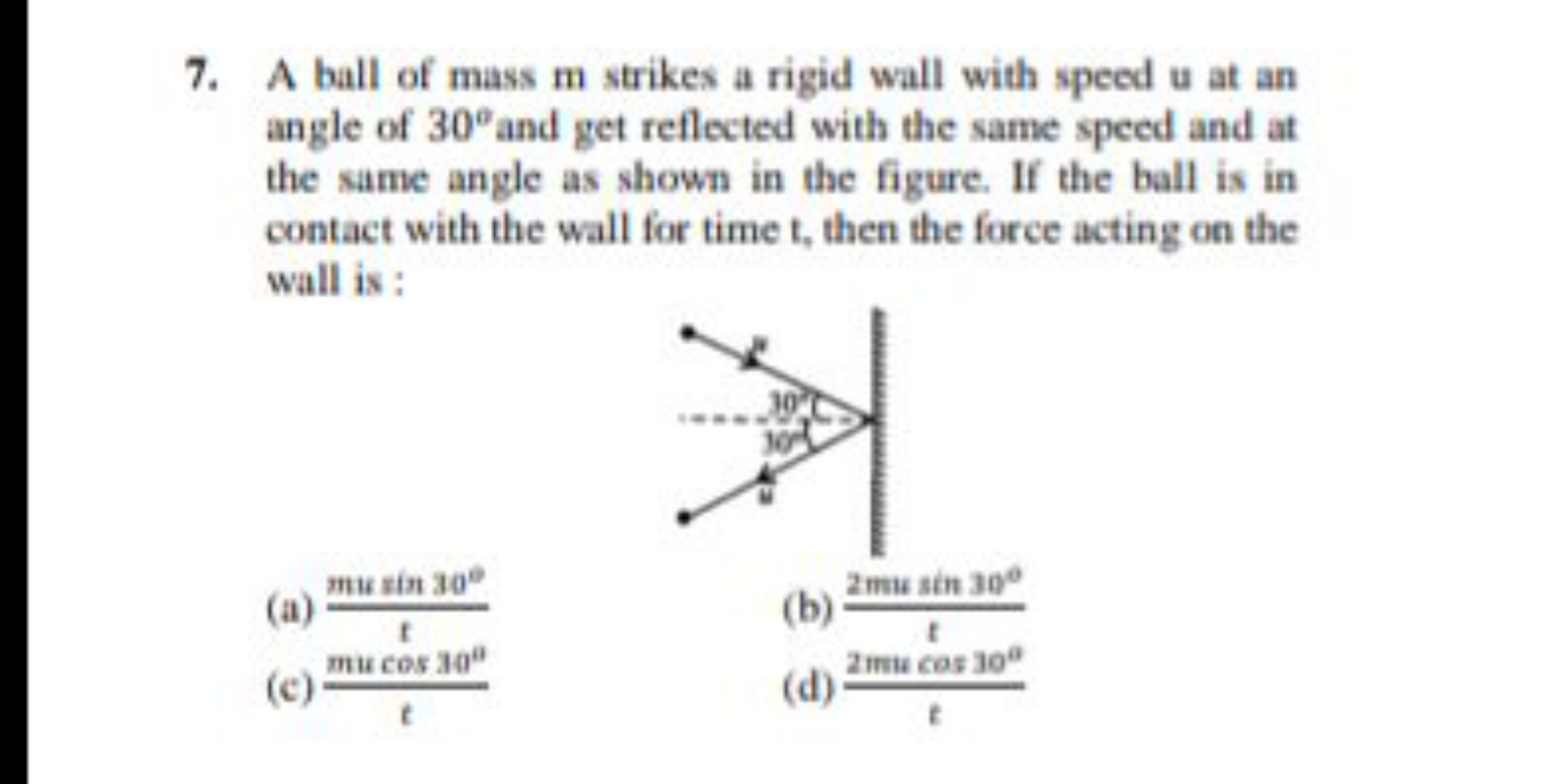 7. A ball of mass m strikes a rigid wall with speed u at an angle of 3