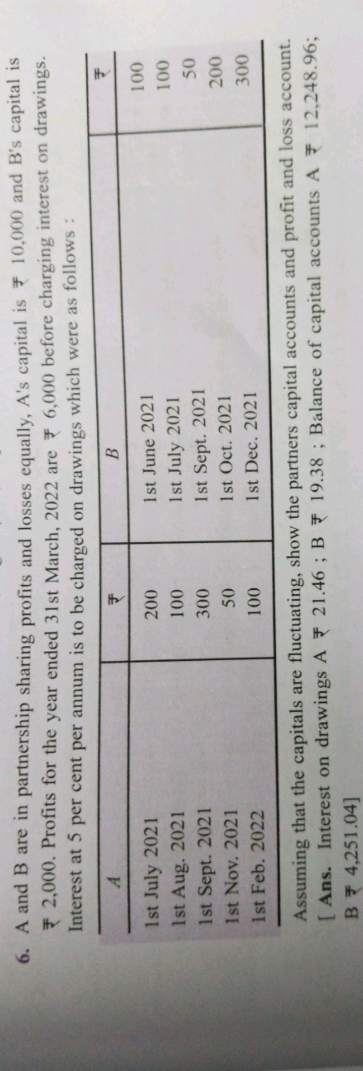 6. A and B are in partnership sharing profits and losses equally, A's 