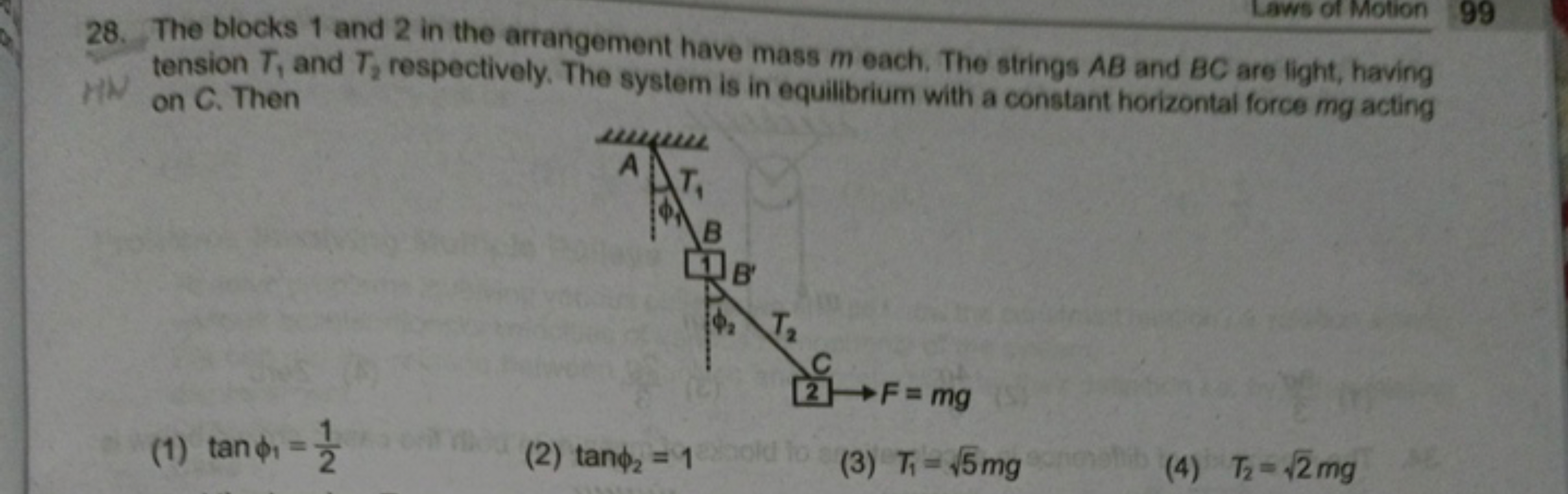 aws of Motion
99
28. The blocks 1 and 2 in the arrangement have mass m