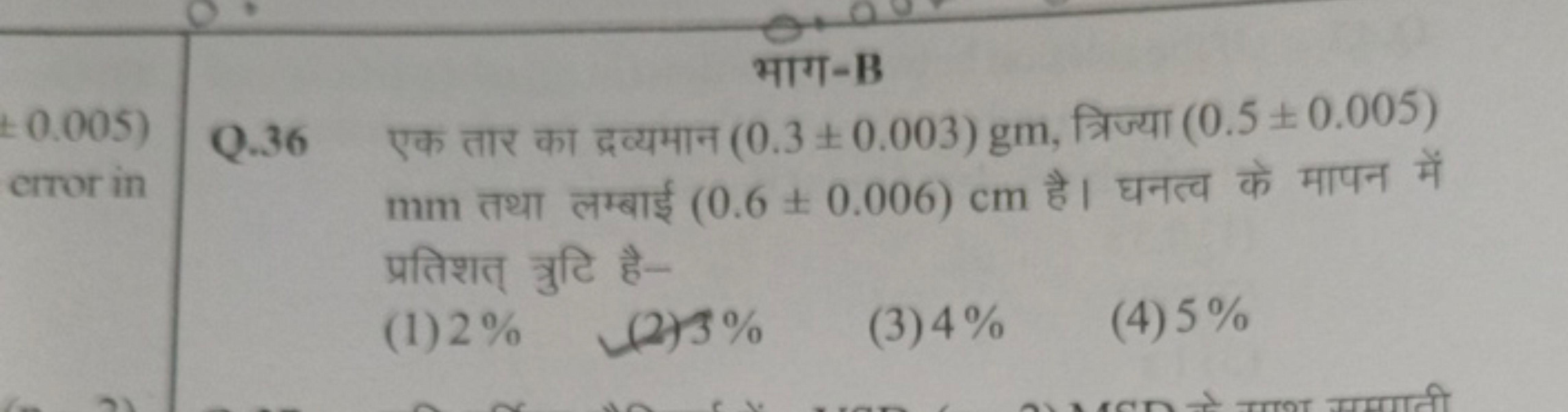 भाग-B
Q. 36 एक तार का द्रव्यमान (0.3±0.003)gm, त्रिज्या (0.5±0.005) mm