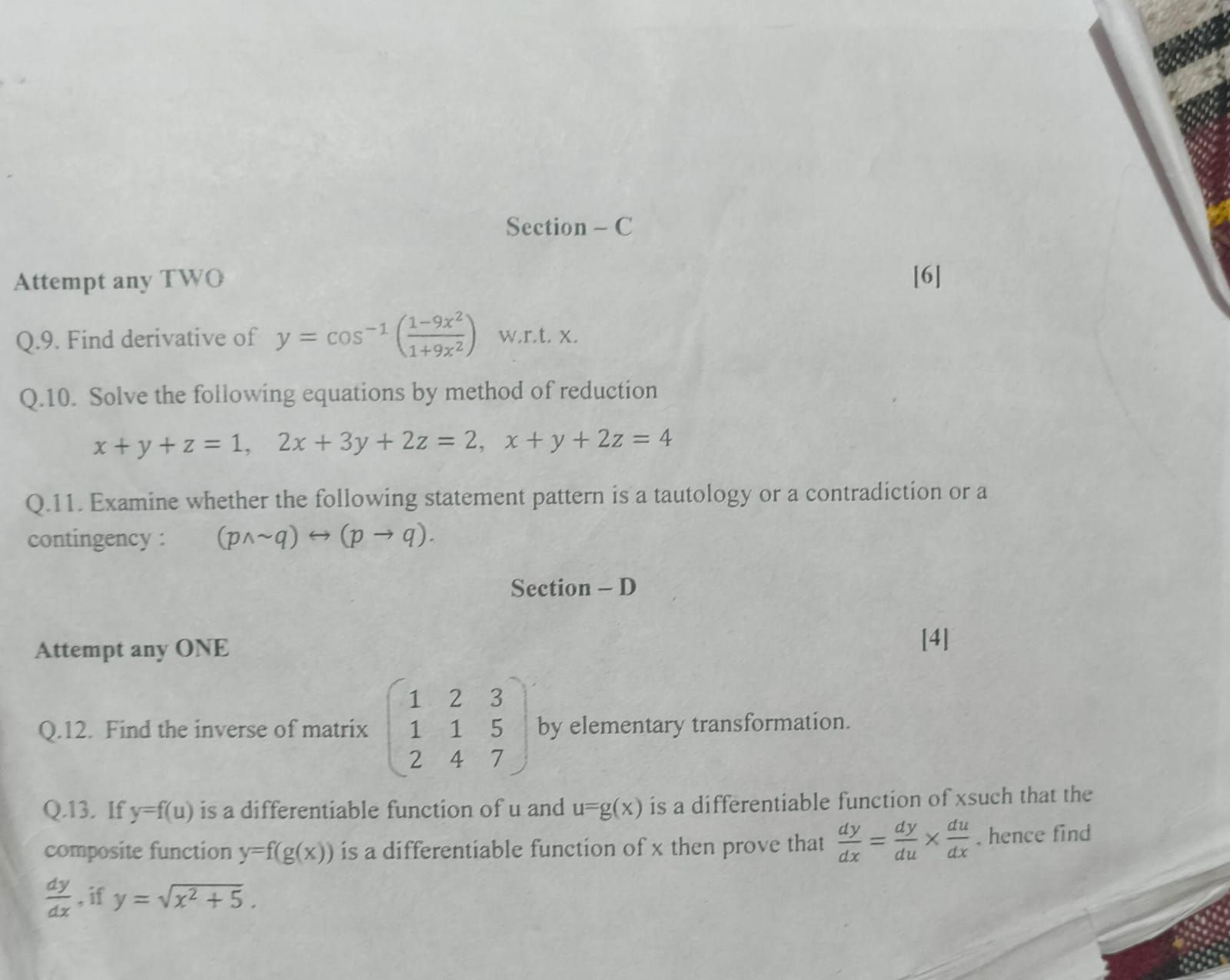 Section-C
Attempt any TWO
[6]
Q.9. Find derivative of y=cos−1(1+9x21−9