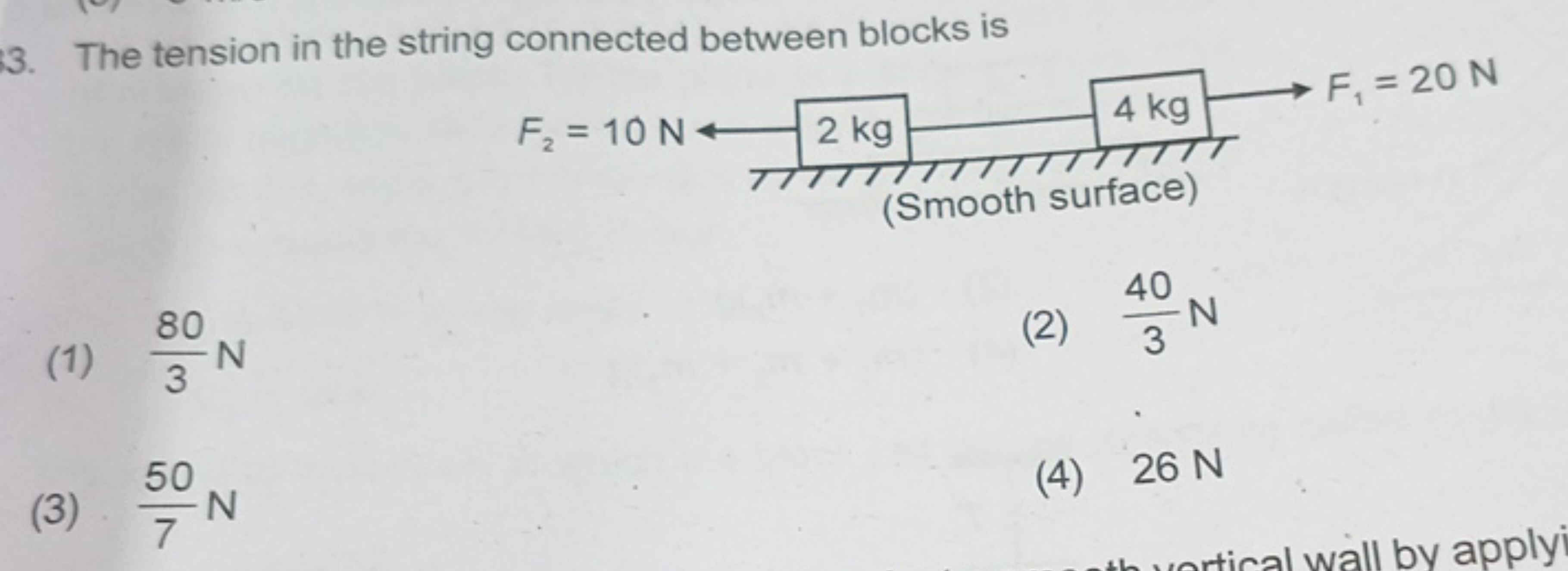 3. The tension in the string connected between blocks is
F2​=10 N
(1) 