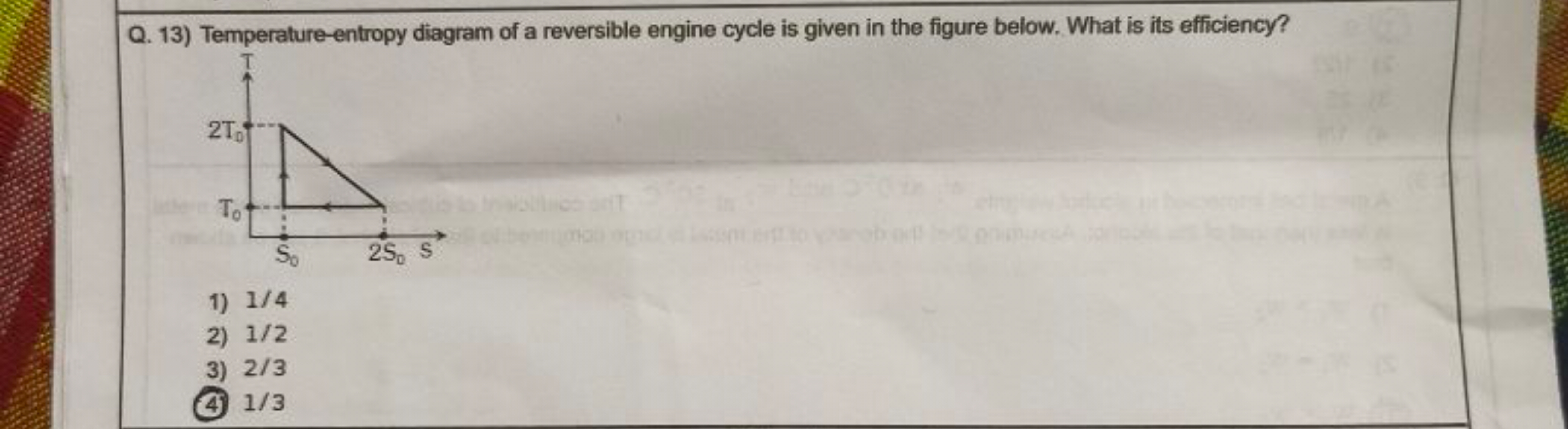 Q. 13) Temperature-entropy diagram of a reversible engine cycle is giv