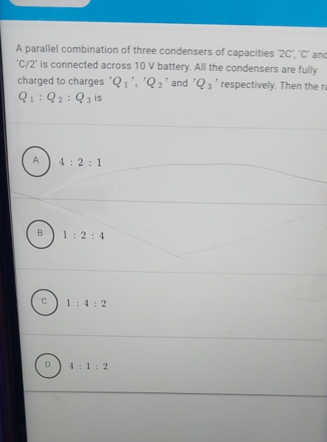 A parallel combination of three condensers of capacities ' 2C ', ' C '