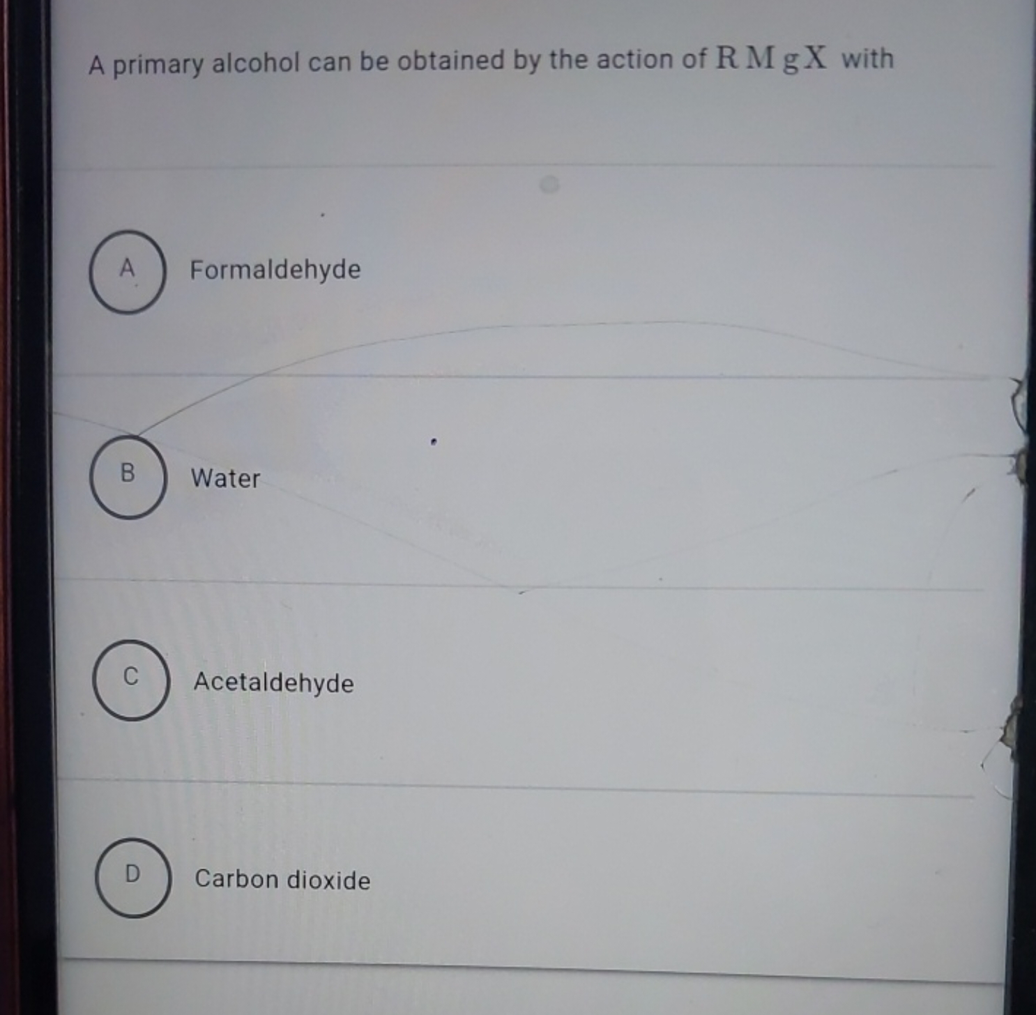 A primary alcohol can be obtained by the action of R MgX with

A Forma