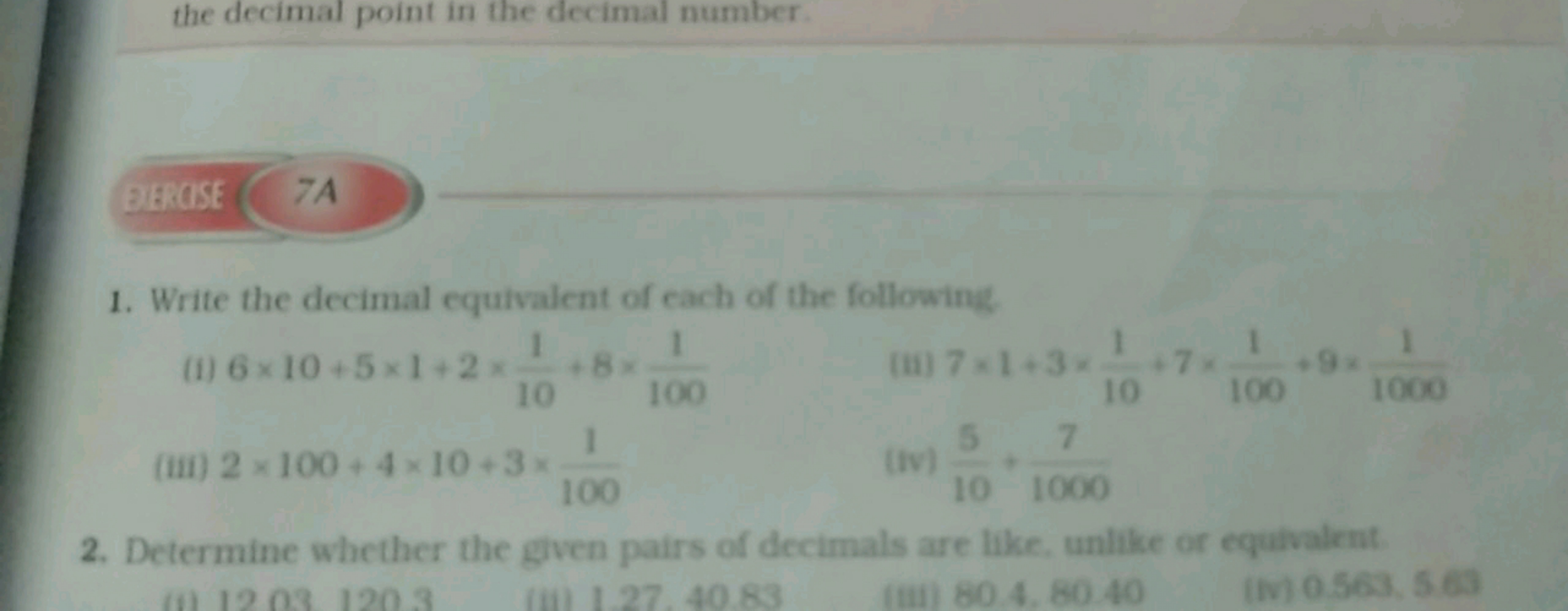 the decimal point in the decimal number.
3)6: CSE
7A
1. Write the deci