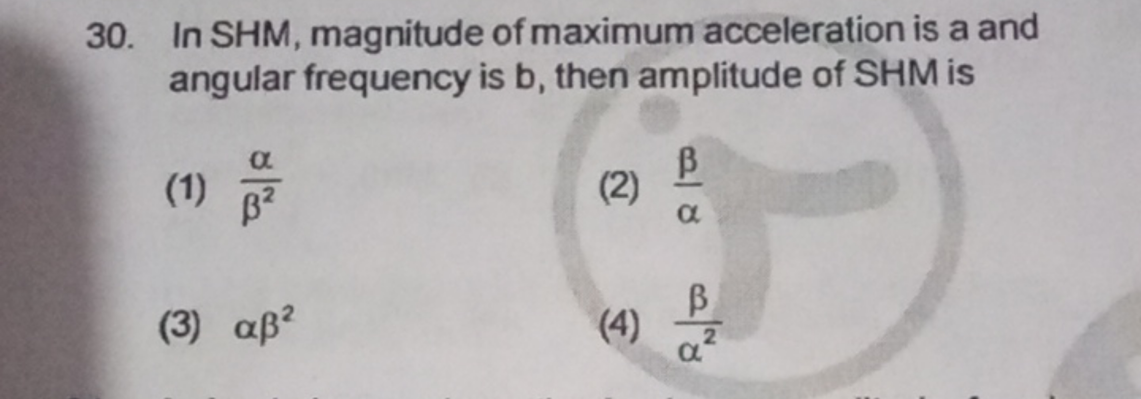 30. In SHM, magnitude of maximum acceleration is a and angular frequen