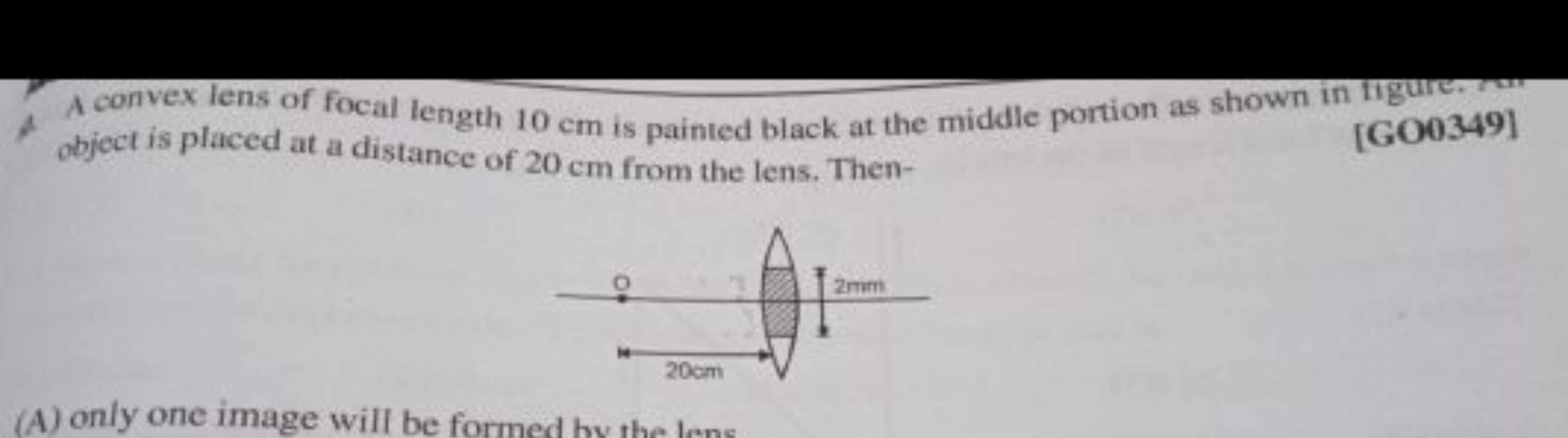 A convex lens of focal length 10 cm is painted black at the middle por