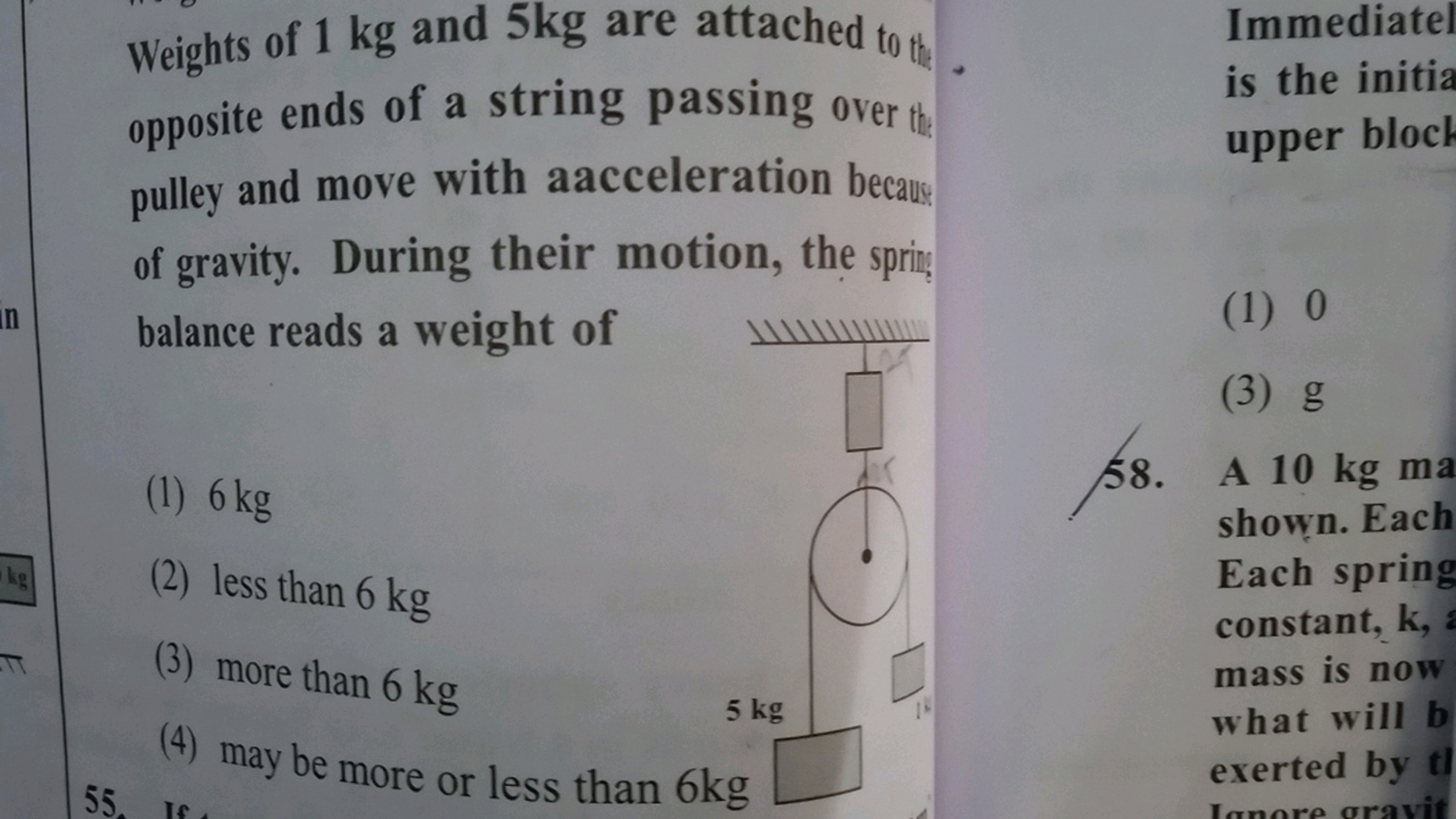 Weights of 1 kg and 5 kg are attached to the opposite ends of a string