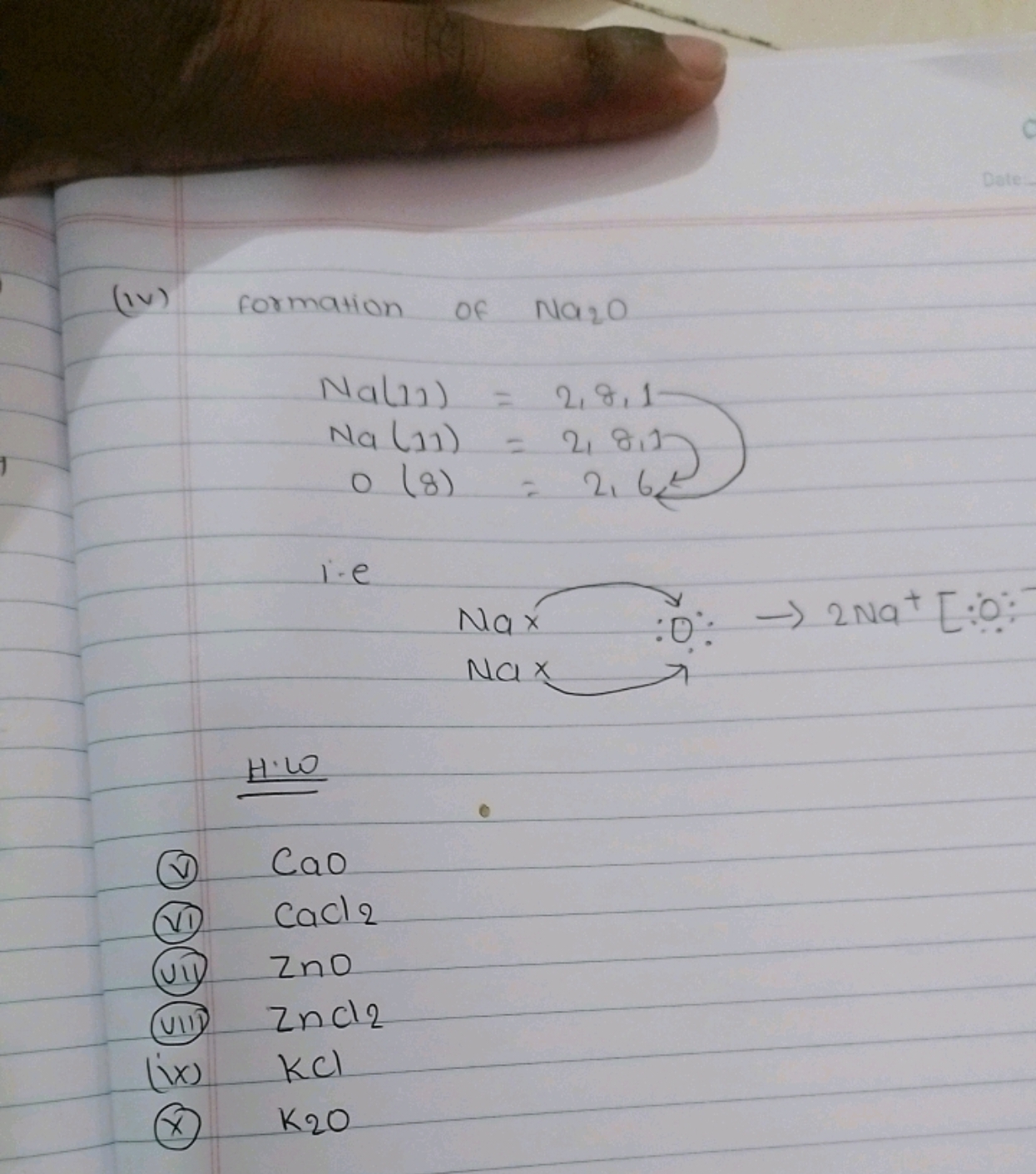 (iv) formation of Na2​O
Na(11)Na(11)O(8)​=2,8,1=2,8,1=2,6,​ i.e Nax:ON