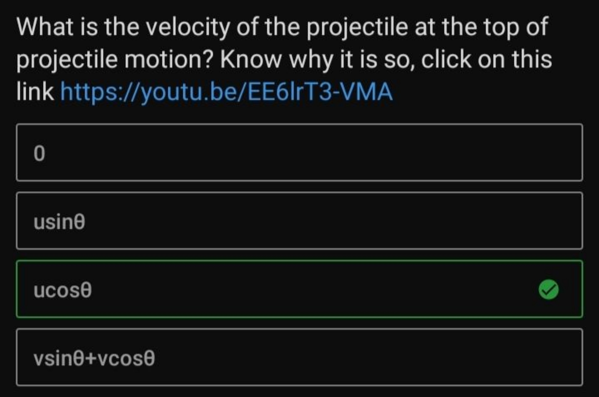 What is the velocity of the projectile at the top of projectile motion