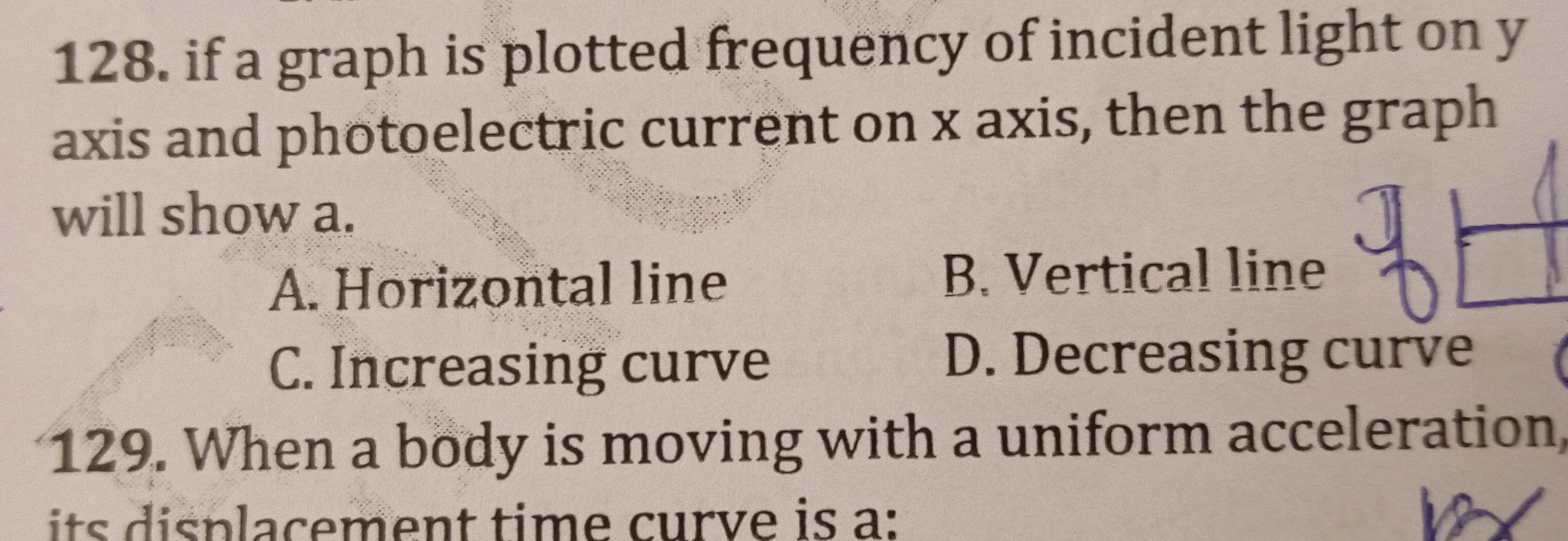 128. if a graph is plotted frequency of incident light on y axis and p