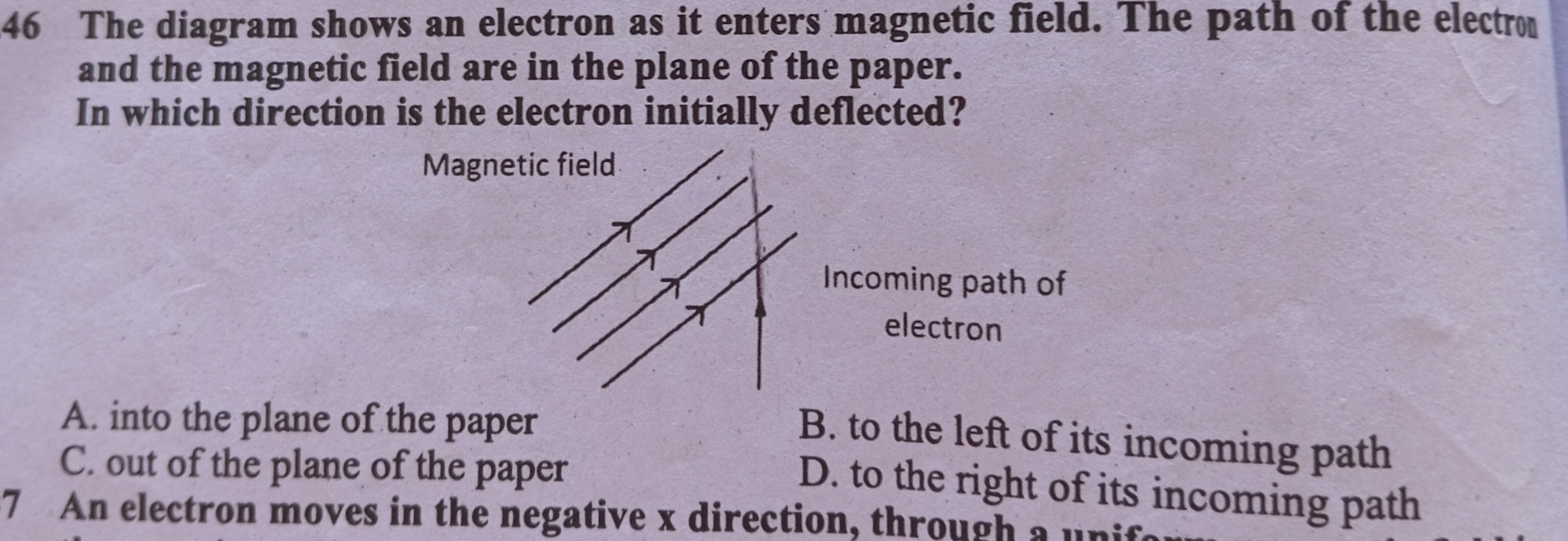 46 The diagram shows an electron as it enters magnetic field. The path