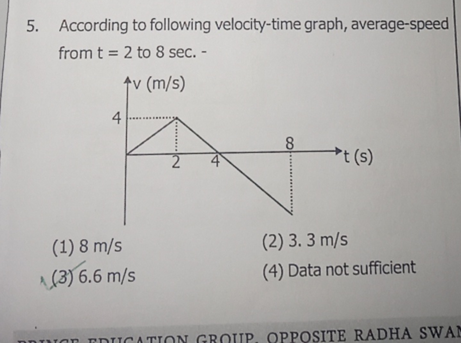 5. According to following velocity-time graph, average-speed from t=2 