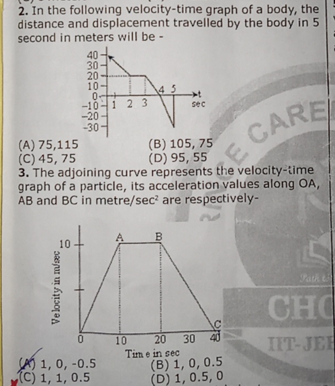 2. In the following velocity-time graph of a body, the distance and di