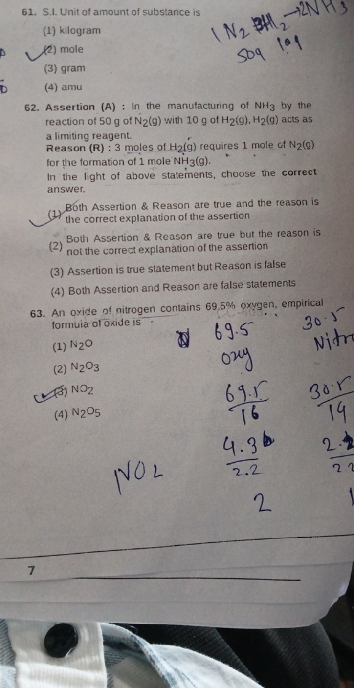 61. S.I. Unit of amount of substance is
(1) kilogram
(2) mole
(3) gram