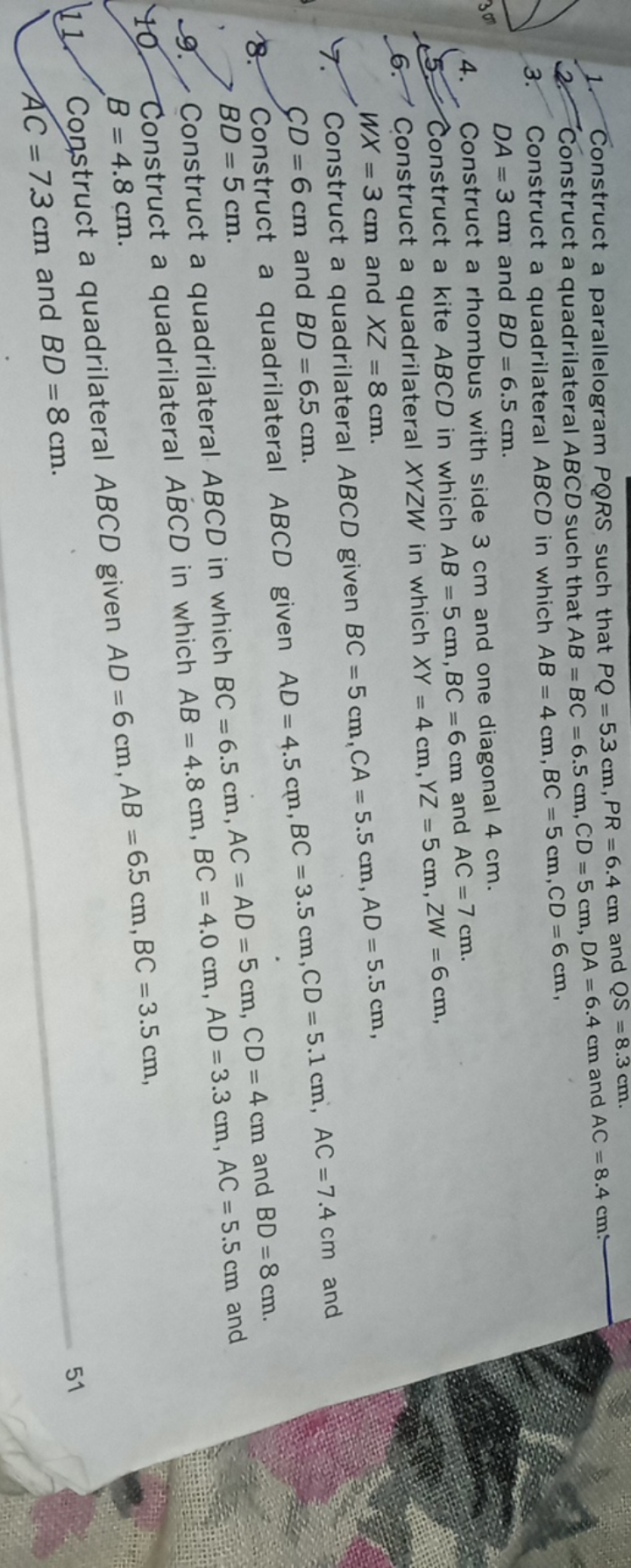 1. Construct a parallelogram PQRS such that PQ=5.3 cm,PR=6.4 cm and QS