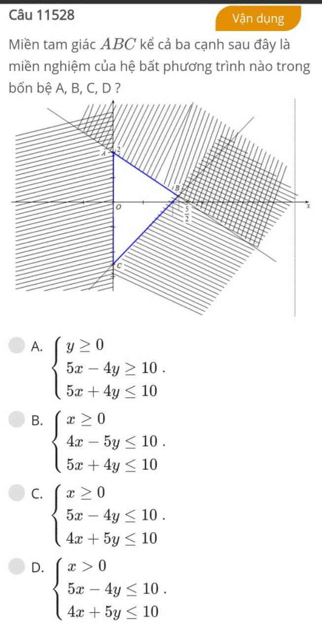 Câu 11528
Vận dụng

Miền tam giác ABC kể cả ba cạnh sau đây là miền ng