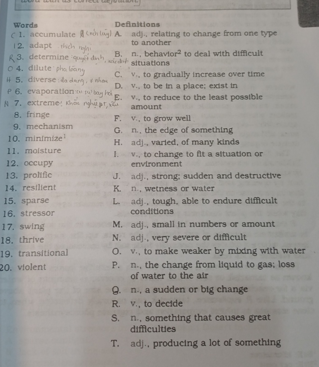 Words
Definitions
12. adapt thich rghi to another
R3
B. n., behavior 2