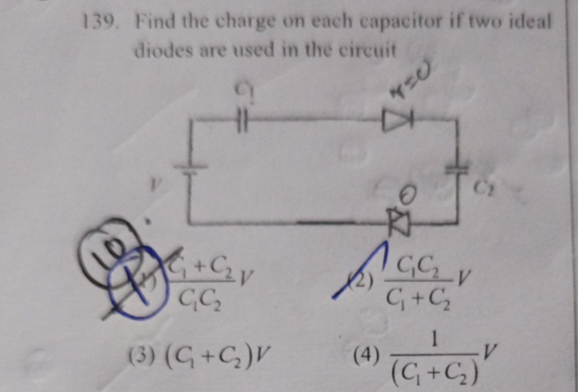 139. Find the charge on each capacitor if two ideal diodes are used in