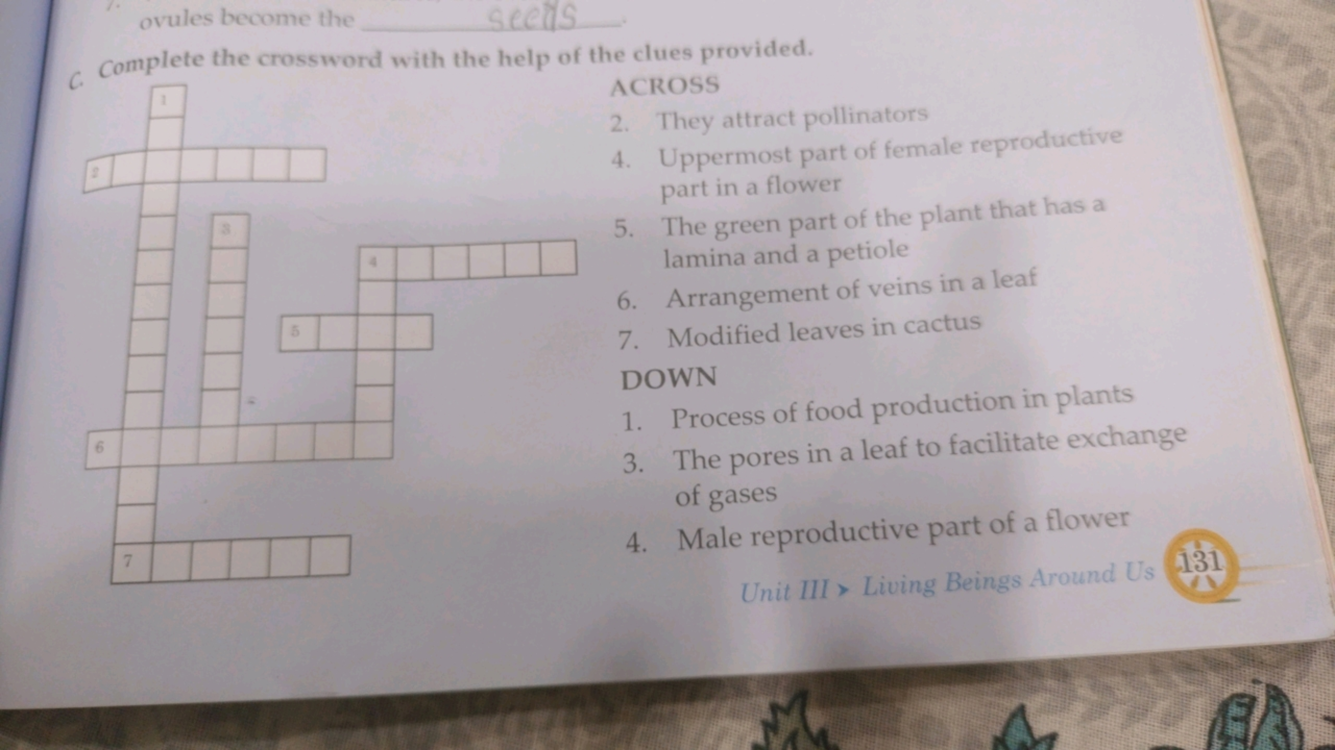 ovules become the  seels .
c. Complete the crossword with the help of 