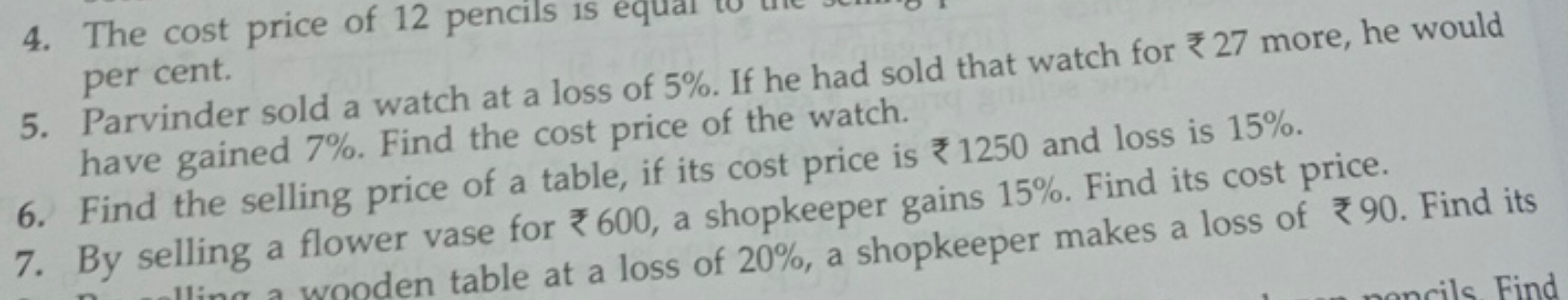 4. The cost price of 12 pencils is
5. Parvinder sold a watch at a loss