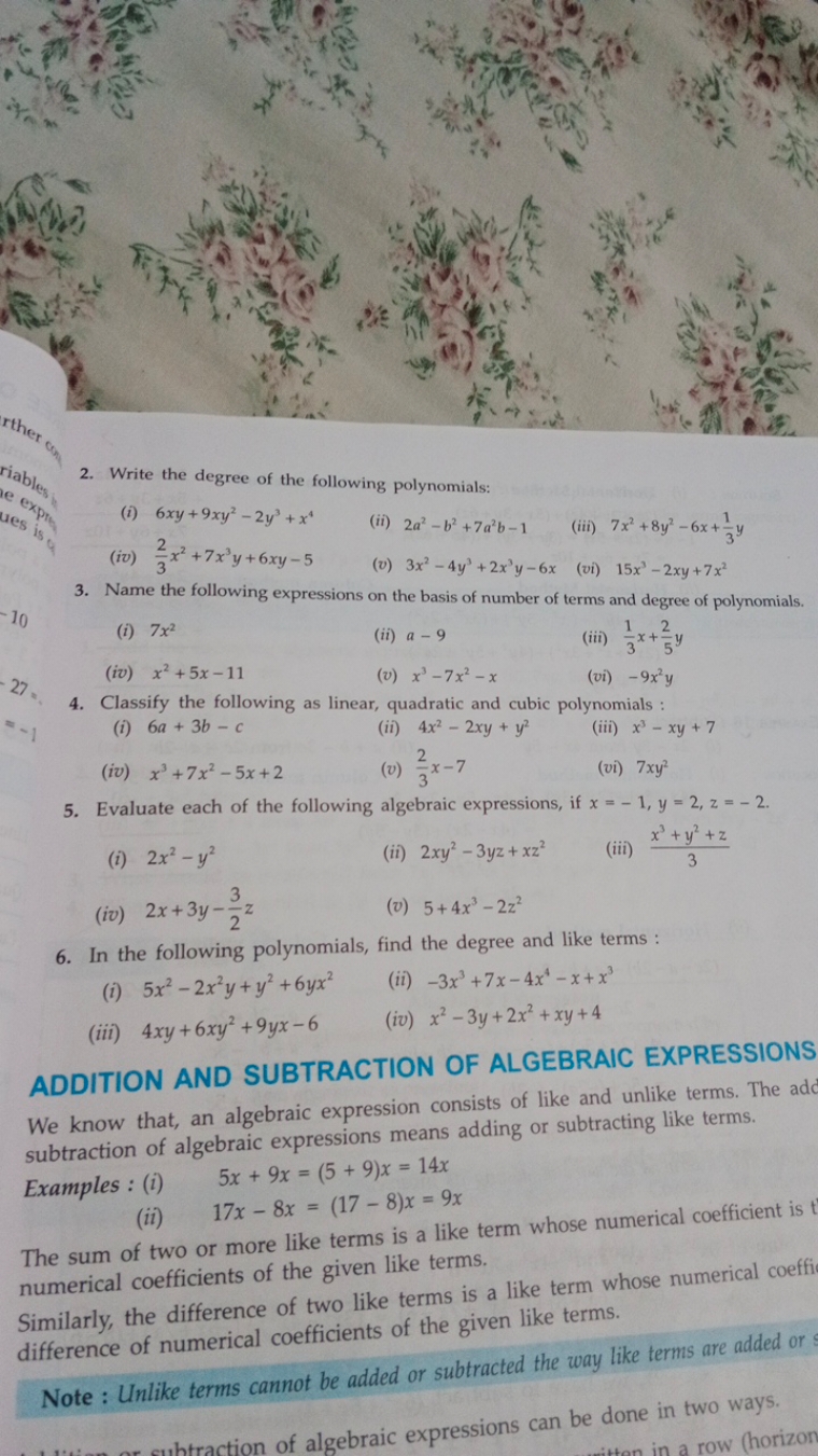 2. Write the degree of the following polynomials:
(i) 6xy+9xy2−2y3+x4
