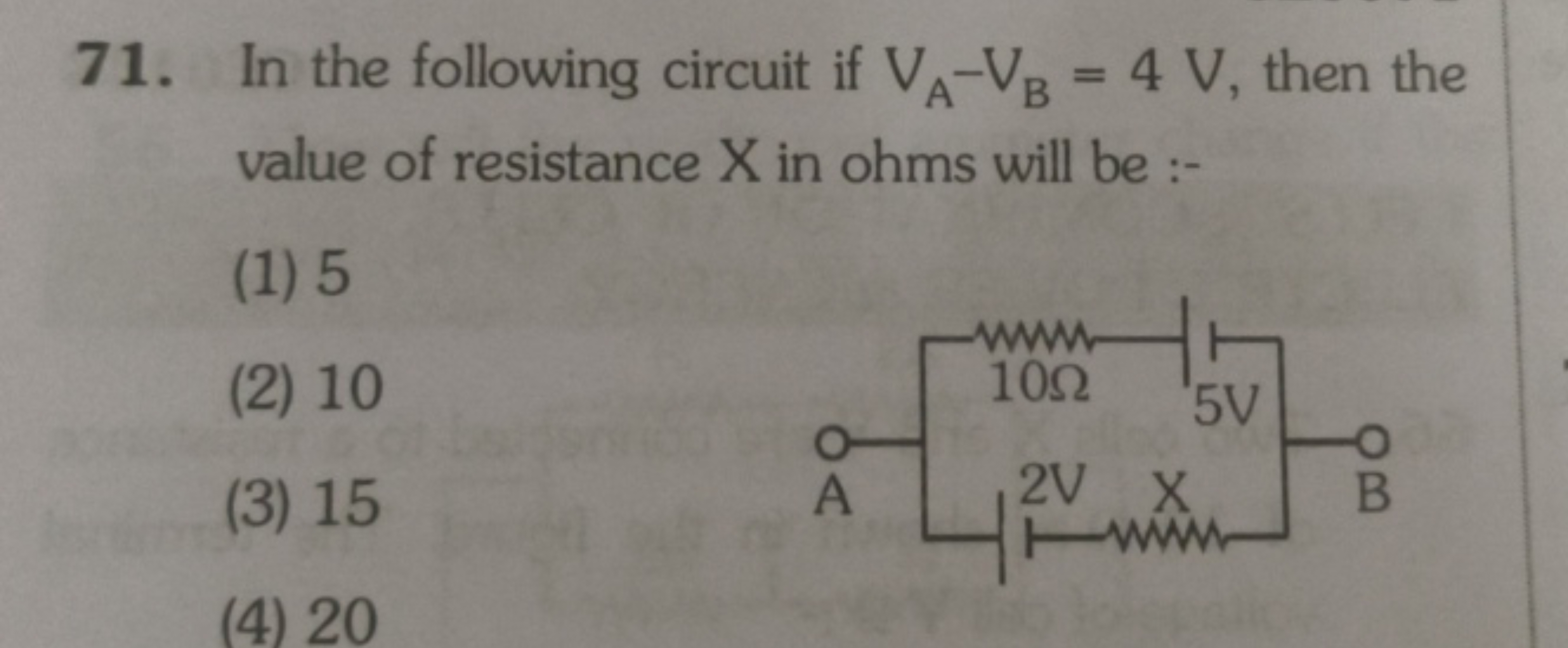 71. In the following circuit if VA​−VB​=4 V, then the value of resista