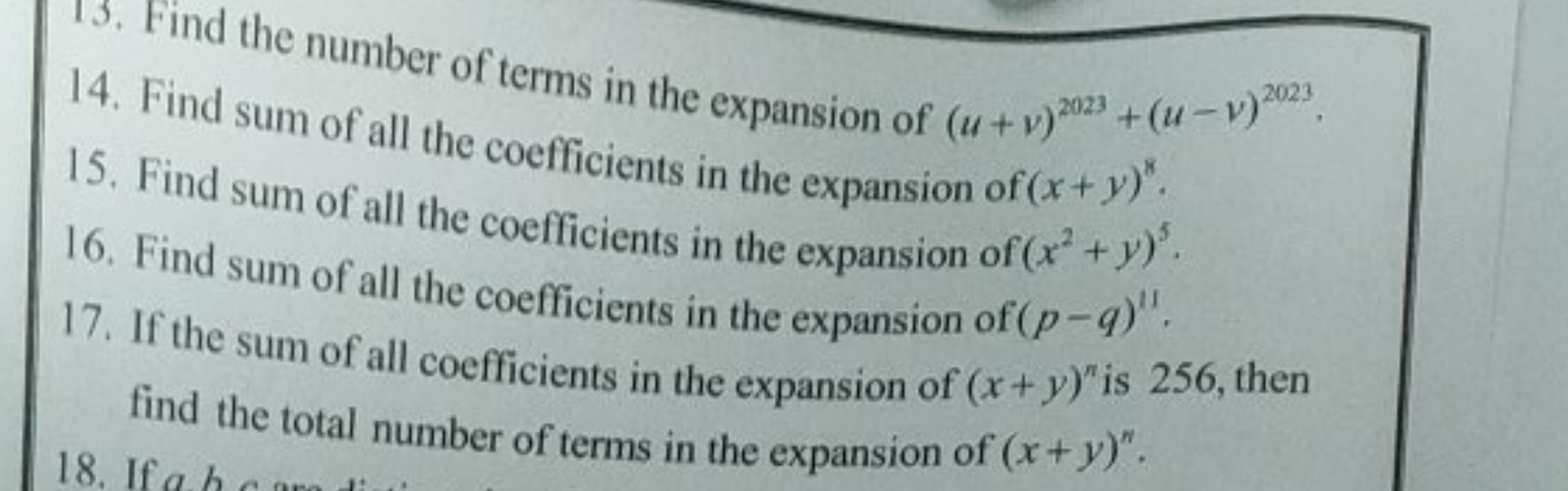 13. Find the number of terms in the expansion of (u+v)2023+(u−v)2023.
