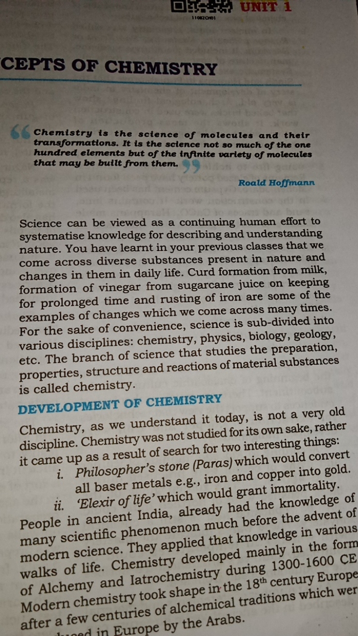 CEPTS OF CHEMISTRY

Chemistry is the science of molecules and their tr